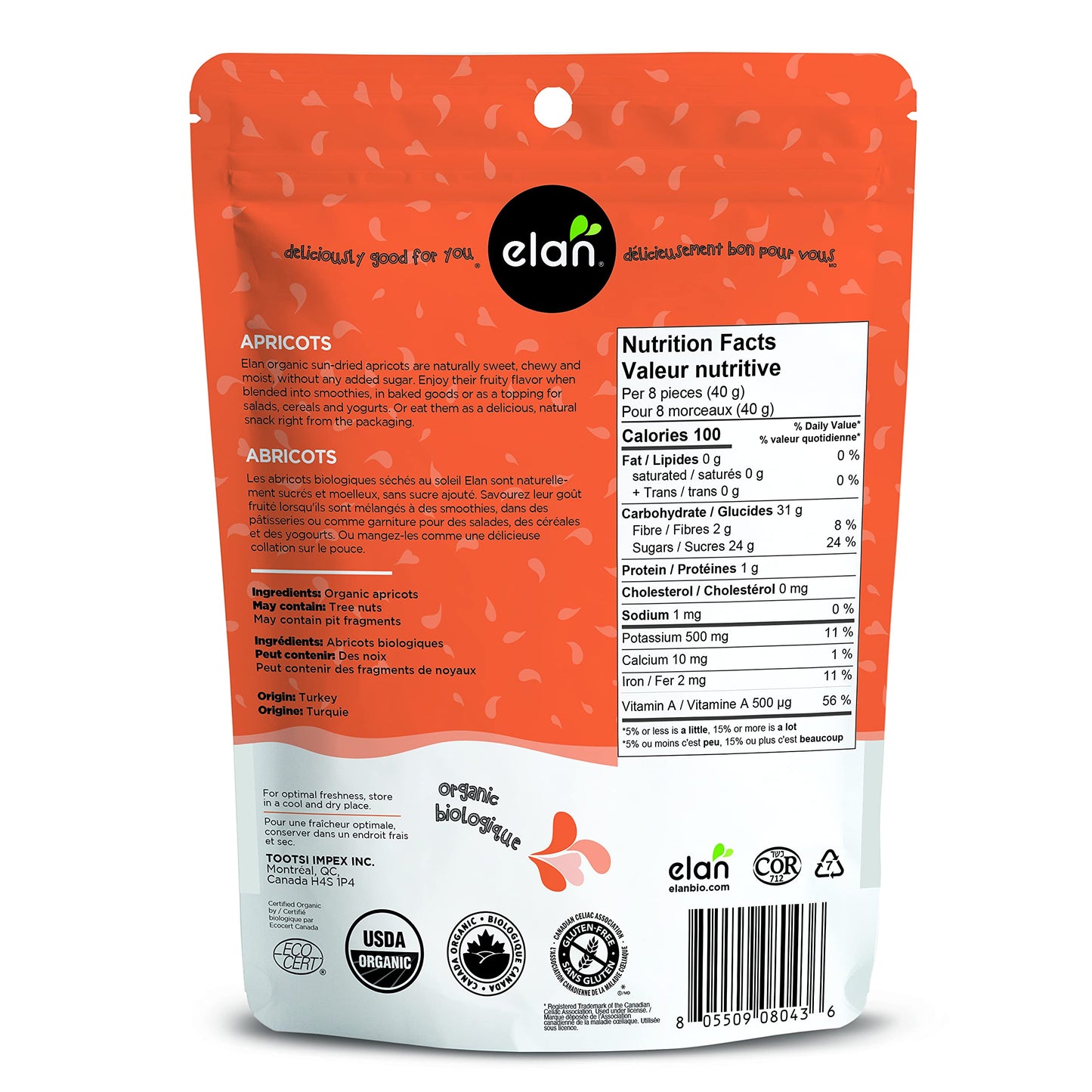 Elan Organic Sun-Dried Apricots, Dried Fruits, No Sulphites, No Sugar Added, Non-Gmo, Vegan, Gluten-Free, Kosher, Naturally Sweet Snacks, Turkish Apricots, 8 Pack Of 7 Oz