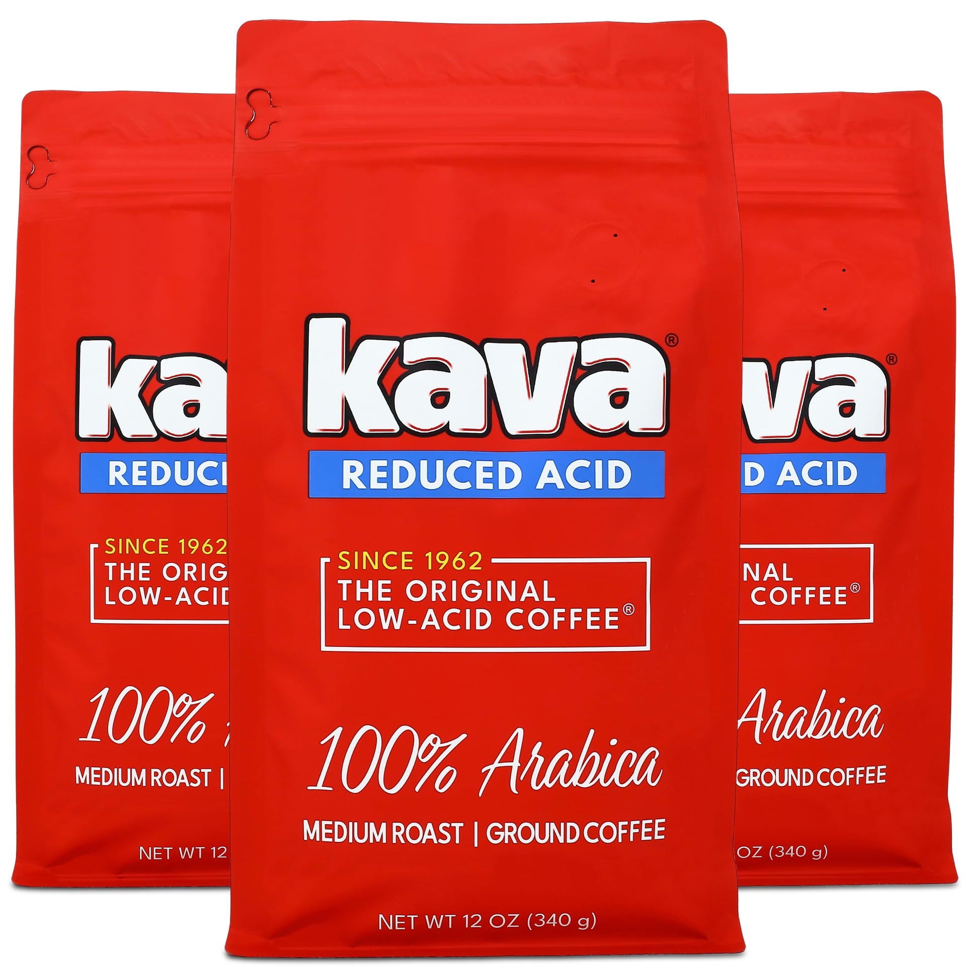 Kava Low Acid Neutralized Ground Coffee - Medium Roast Arabica  Smooth Flavor  12 Ounce Bag (Pack Of 3)