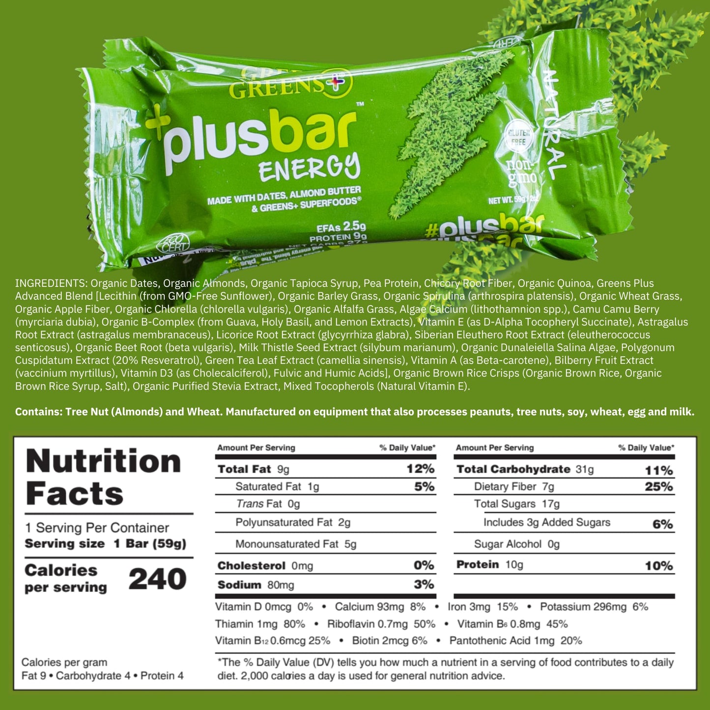 Greens+ Plusbar Energy, Natural, Gluten-Free Snack With Super Greens, Superfoods & Almond Butter, Vegan, Dairy-Free, Non-Gmo, 10G Protein Meal Replacement, 12 Pack