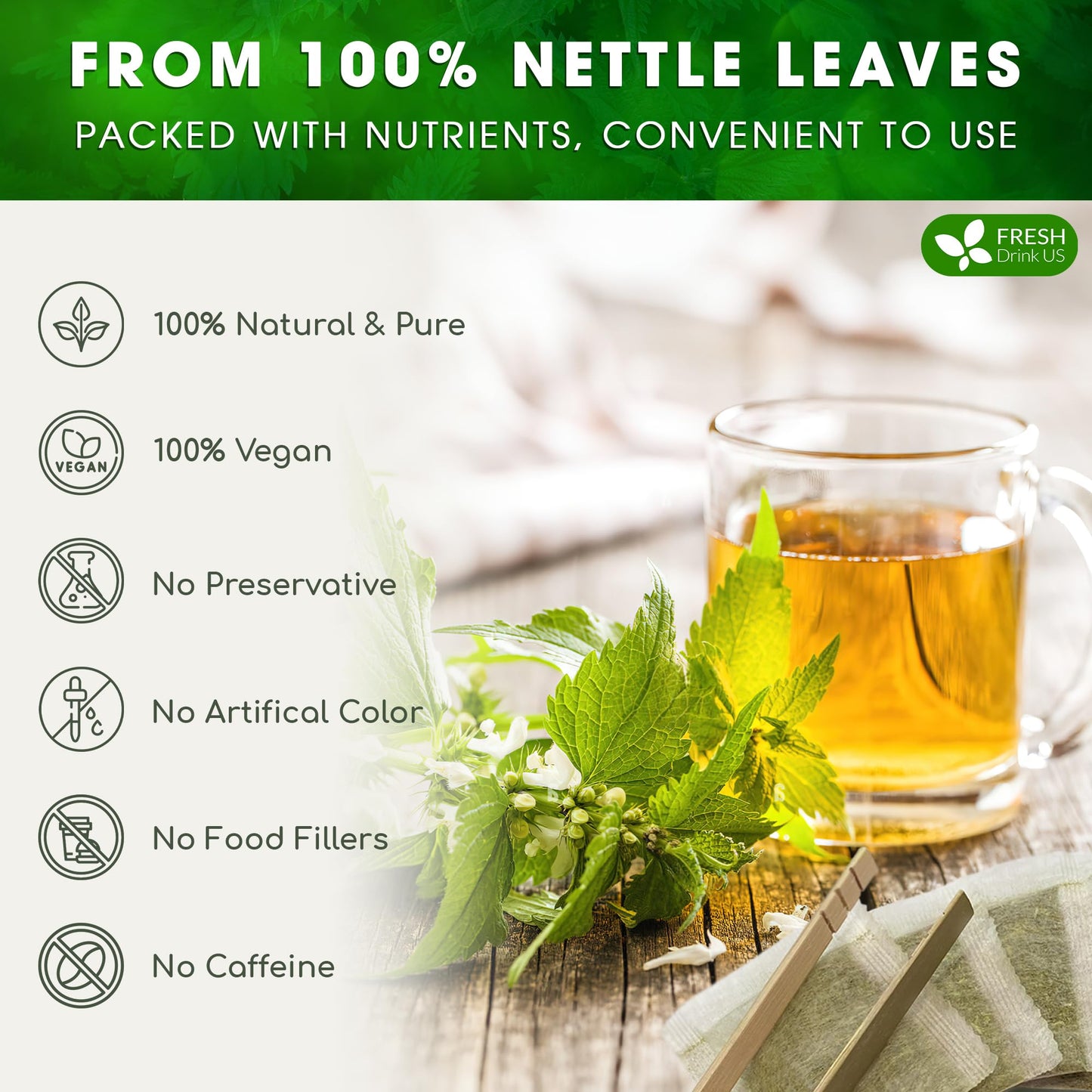FRESHDRINKUS Premium Nettle Leaf Tea Bags, 100% Natural, Vegan, 135 Count