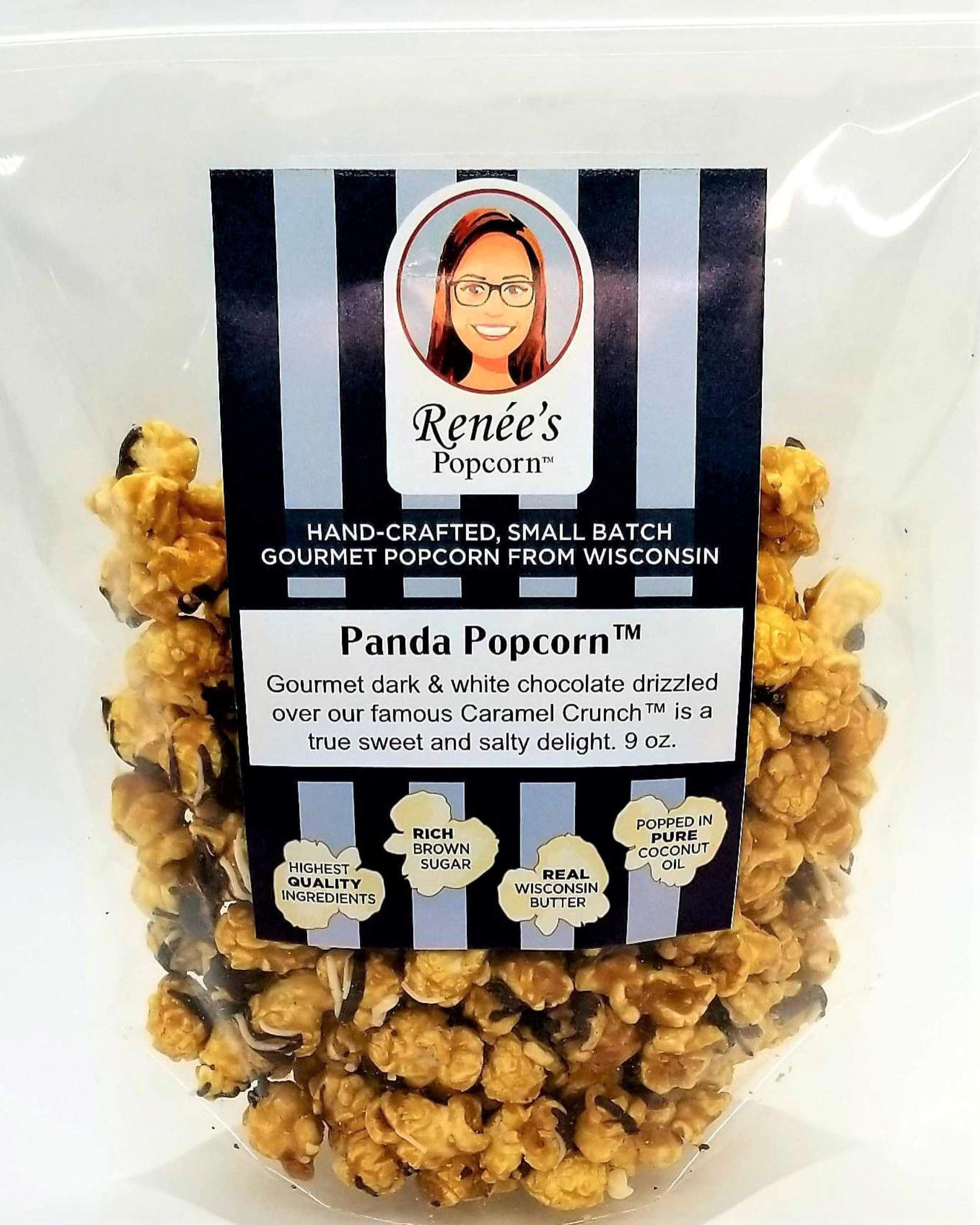 Ren  es Panda Popcorn  Gourmet Popcorn - sweet dark and white chocolate drizzled over our Caramel Corn, sweet and salty treat on