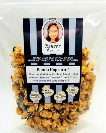 Ren  es Panda Popcorn  Gourmet Popcorn - sweet dark and white chocolate drizzled over our Caramel Corn, sweet and salty treat on