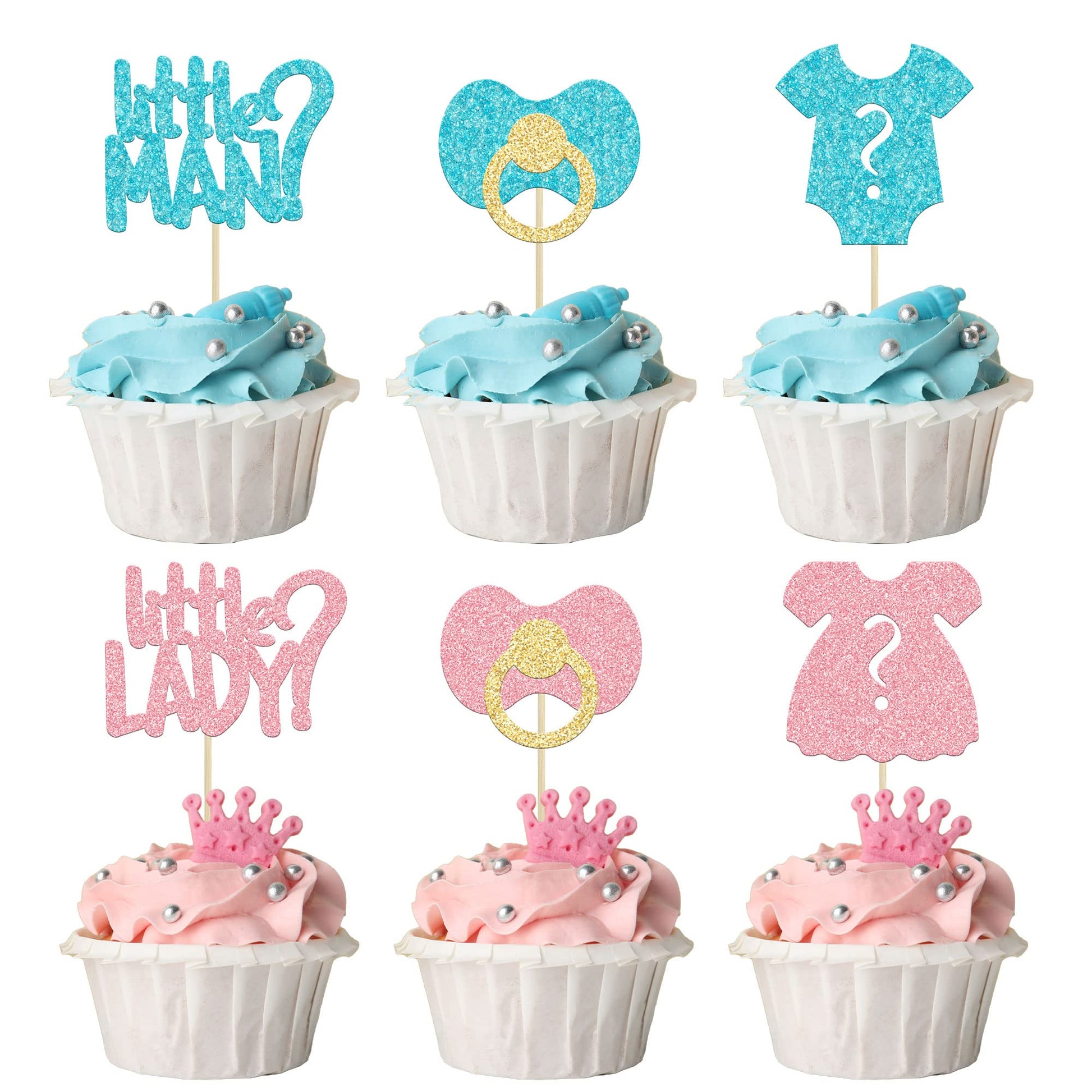 24Pcs Boy Or Girl Cupcake Toppers Glitter Gender Reveal Onesie Question Mark Cupcake Picks Little Man Or Little Lady Baby Shower