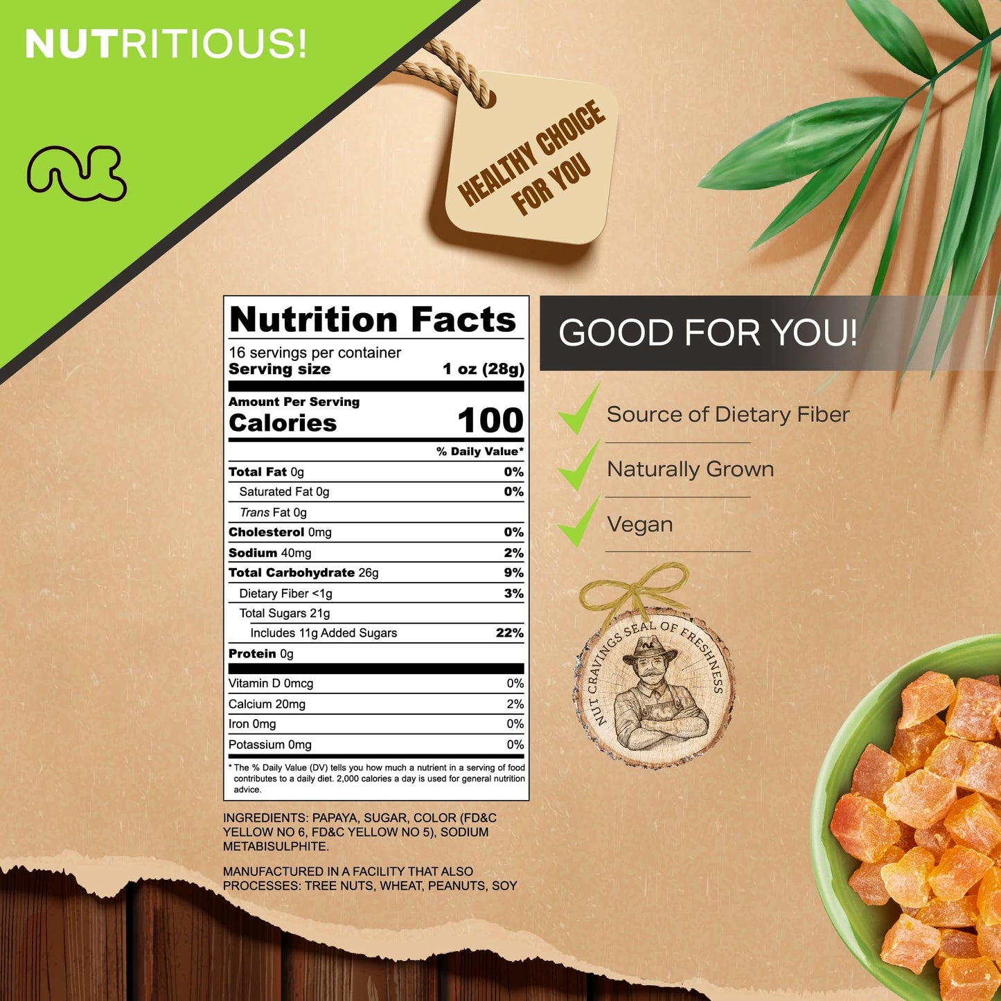 Nut Cravings Dried Papaya Chunks, Sweet Snack, 16oz (1 LB), All Natural, Vegan, Kosher Certified