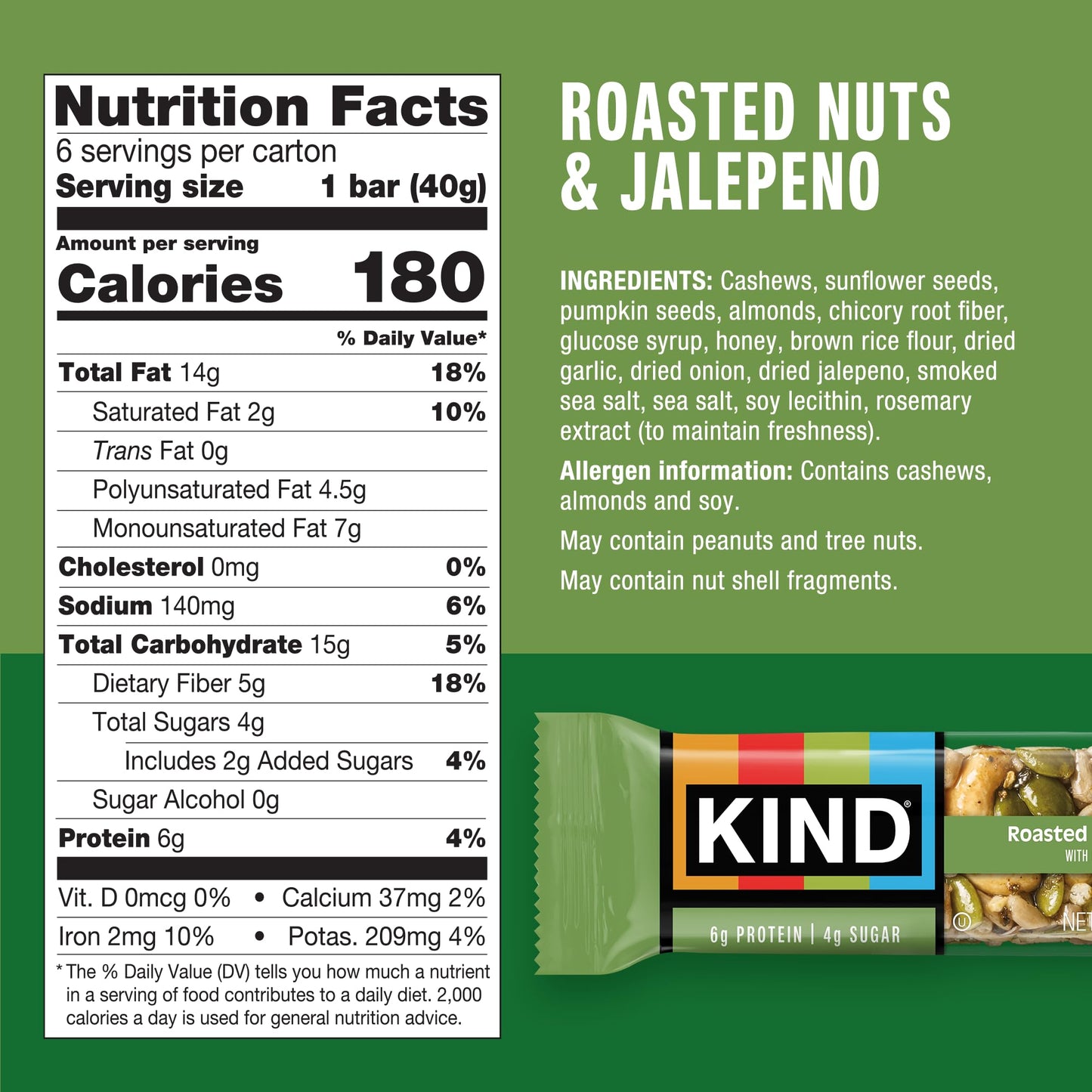 KIND Savory Nut Bars, Roasted Nuts & Jalapeno, Gluten Free, 6g Protein, 6 Count, Model 55123