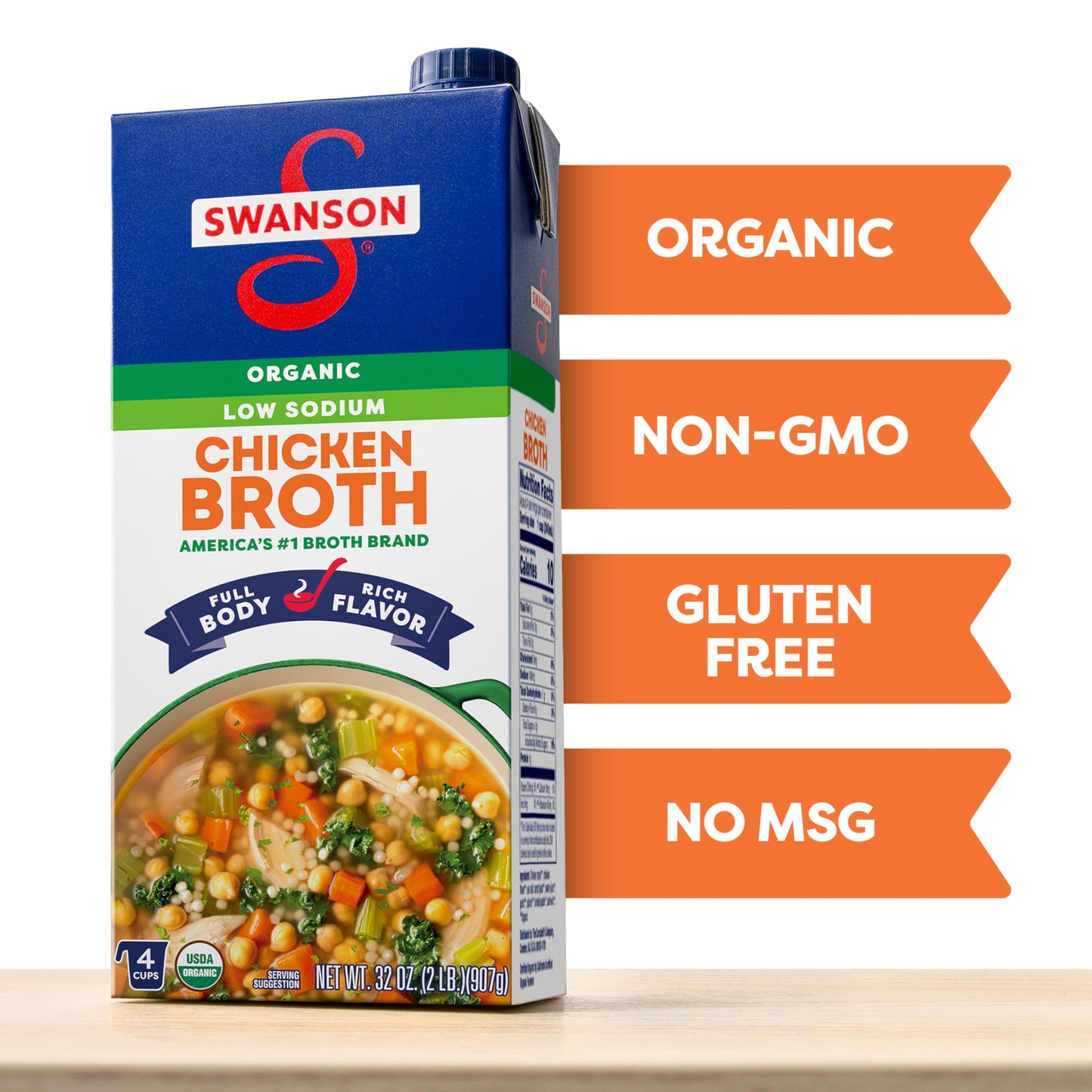 Swanson Low Sodium Organic Chicken Broth  32 oz Carton