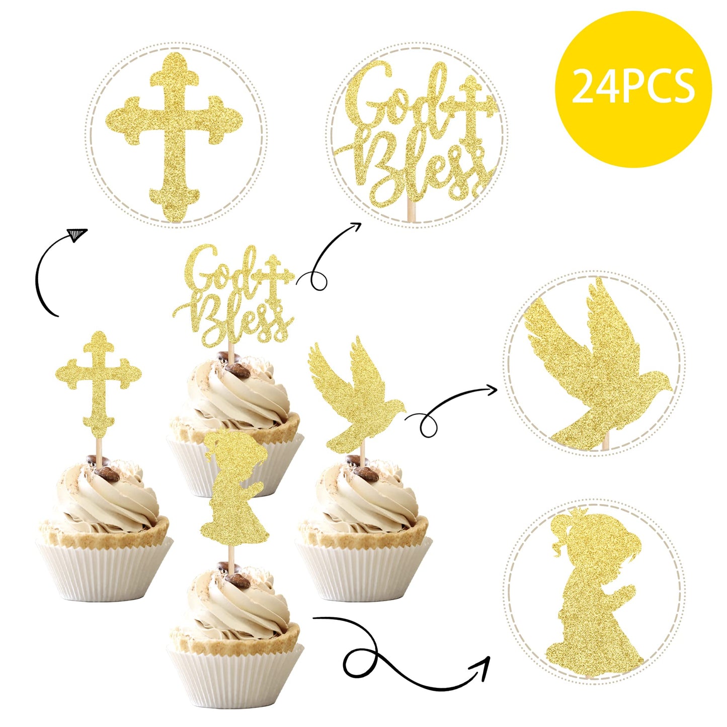 ZHUOWEISM Cupcake Toppers 24 PCS Gold Glitter Dove Baptism Picks Small Bamboo Design 1