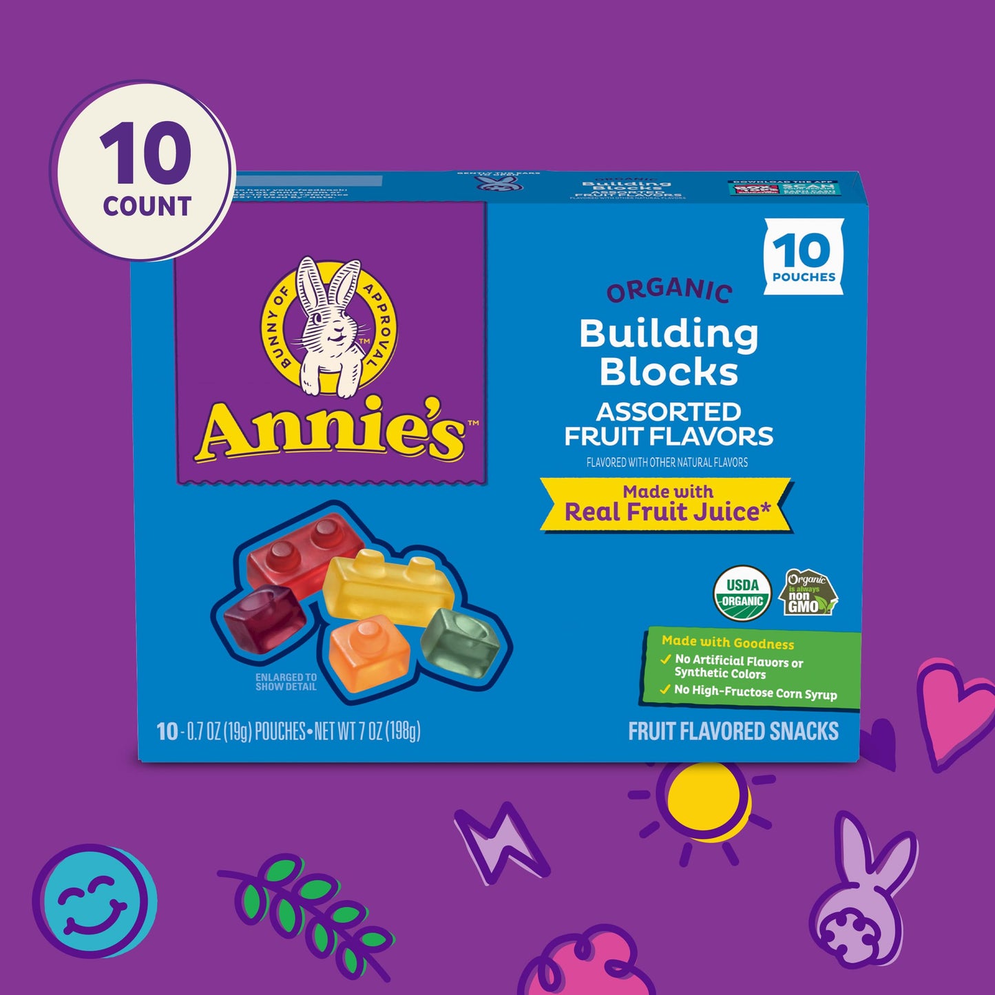 Annies Organic Building Blocks Fruit Flavored Snacks, Assorted Fruit Flavors, Gluten Free, 10 Pouches, 7 oz.