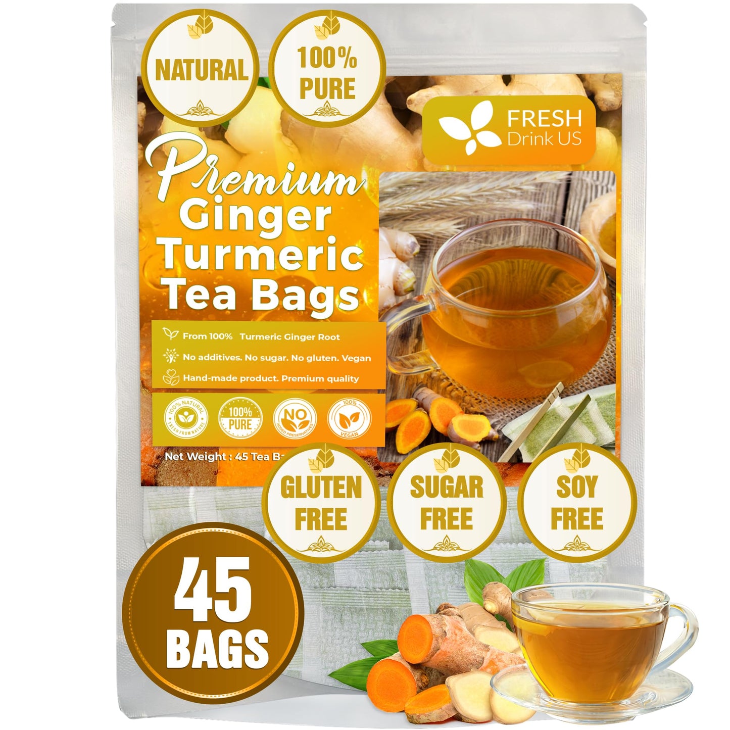 FRESHDRINKUS Ginger Turmeric Herbal Tea - 45 Natural Tea Bags, Eco-conscious, Vegan, No Sugar, No Caffeine, No Gluten