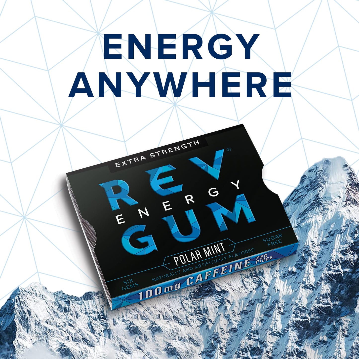 Rev Gum Caffeine Energy Gum | Extra Strength 100mg of Caffeine per Gem | Polar Mint Sugar Free Caffeine Gum - Low Calorie Chews to Help You Stay Alert  Awake and Focused - Mint Chewing Gum - 12 Packs