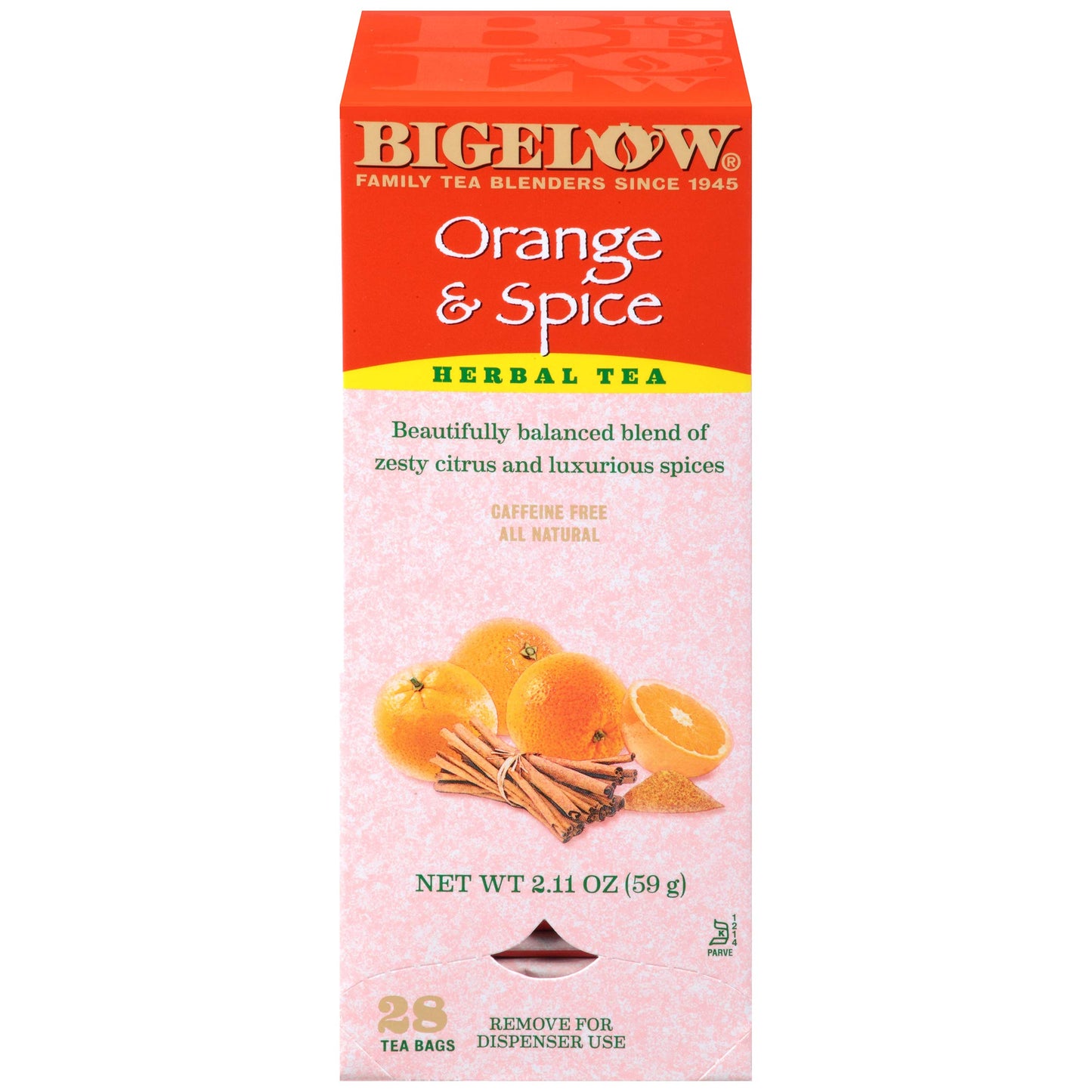 Bigelow Tea Orange & Spice Herbal Tea - 28-Count Boxes, Pack of 6, Caffeine-Free, Foil-Wrapped Bags