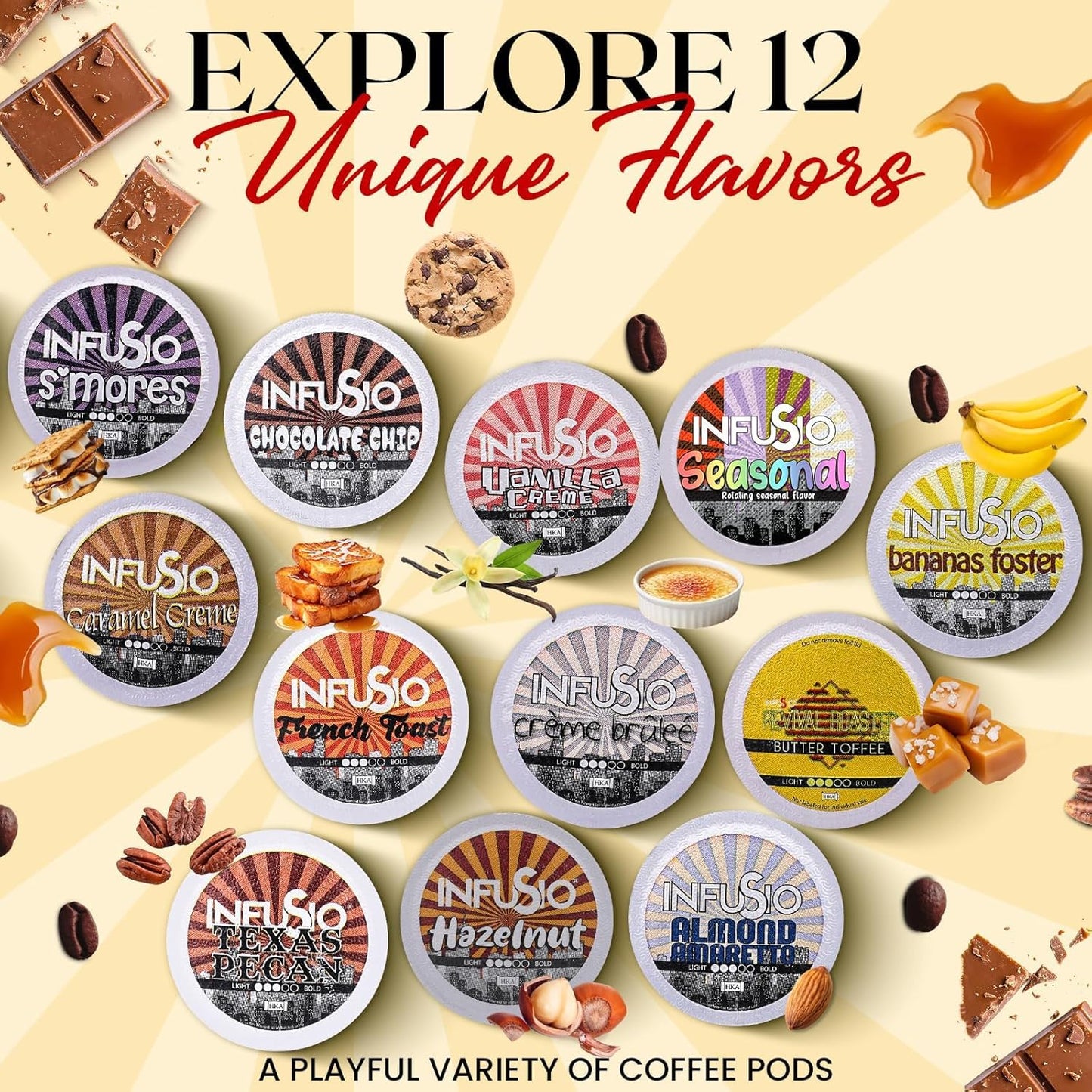 InfuSio Flavored Coffee Pods Variety Pack - 48 Count  12 Gourmet Medium Roast Dessert-Inspired Blends like Bananas Foster & Crme Brl?e  Compatible with Keurig K-Cup 2.0 malt-inspired