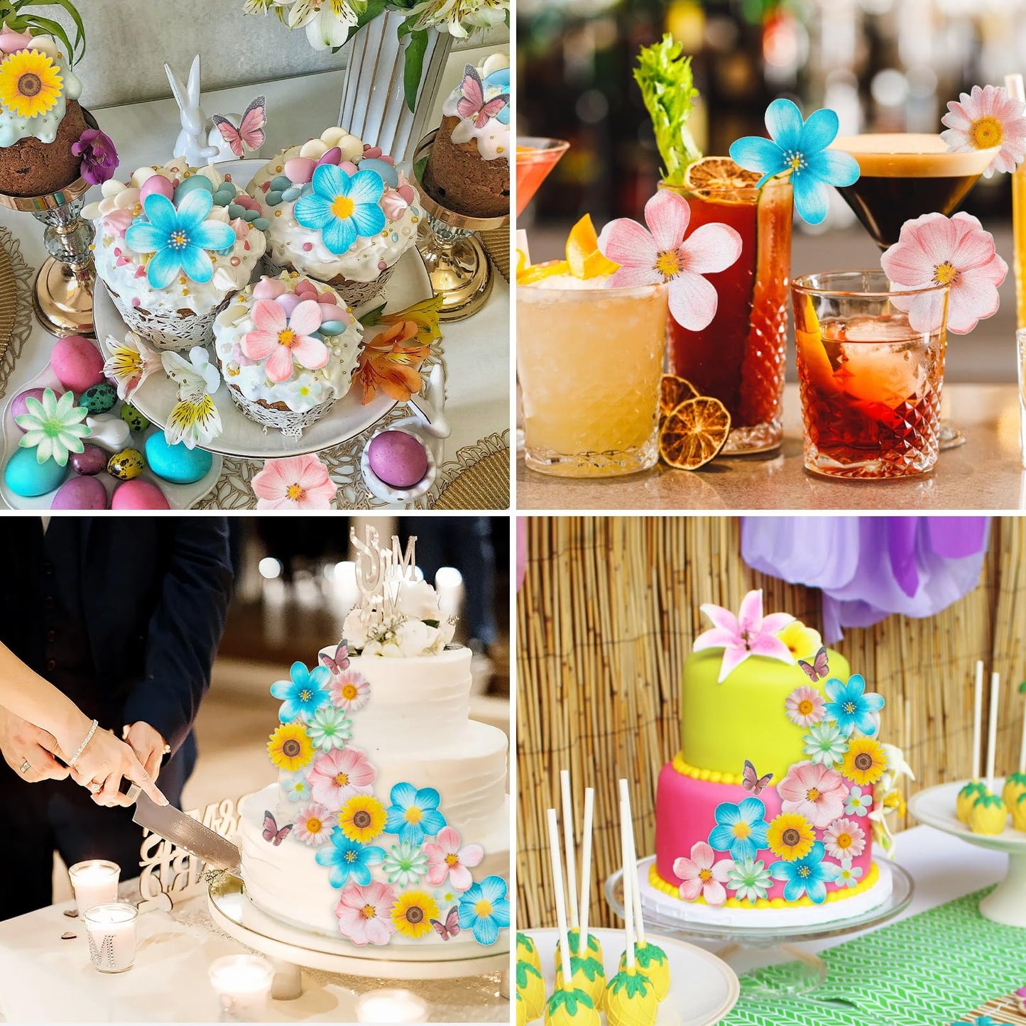 Morofme 55Pcs Edible Flower Butterflies Cake Topper Wafer Paper Flower Cupcake Toppers Hawaiian Flower Cake Decorations Mixed Si