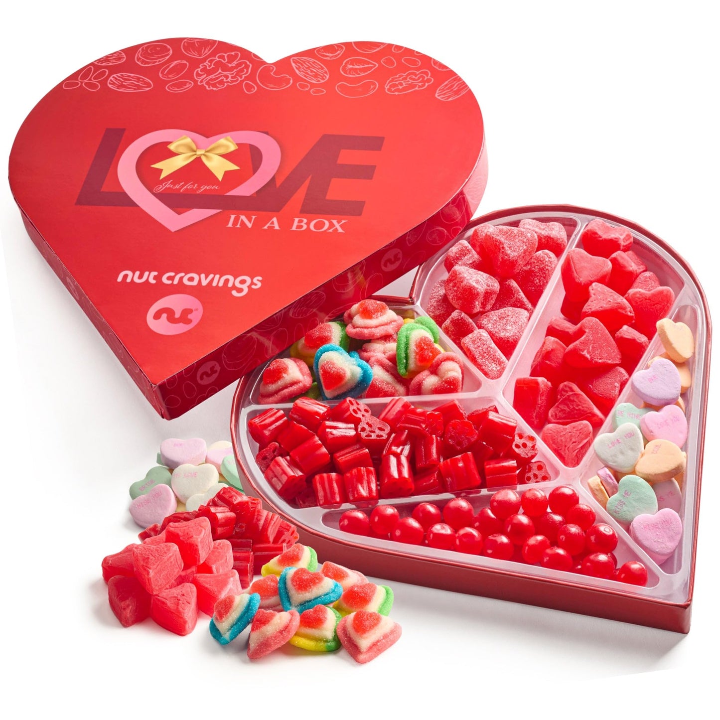NUT CRAVINGS - Valentines Day Mixed Candy Heart Shaped Gift Basket, Love in A Box (6 Assortments) Romantic Food Arrangement, Hea