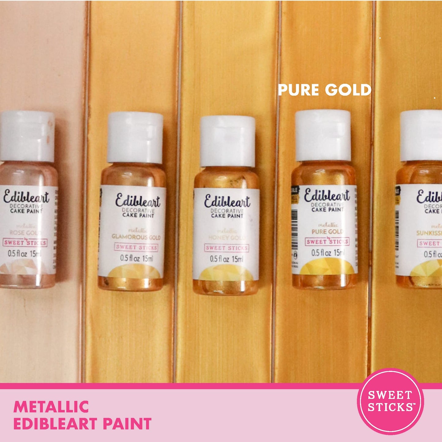 SWEET STICKS Edible Art Cake Paint Metallic Pure Gold 0.5 Oz (15ml) Pack of 18