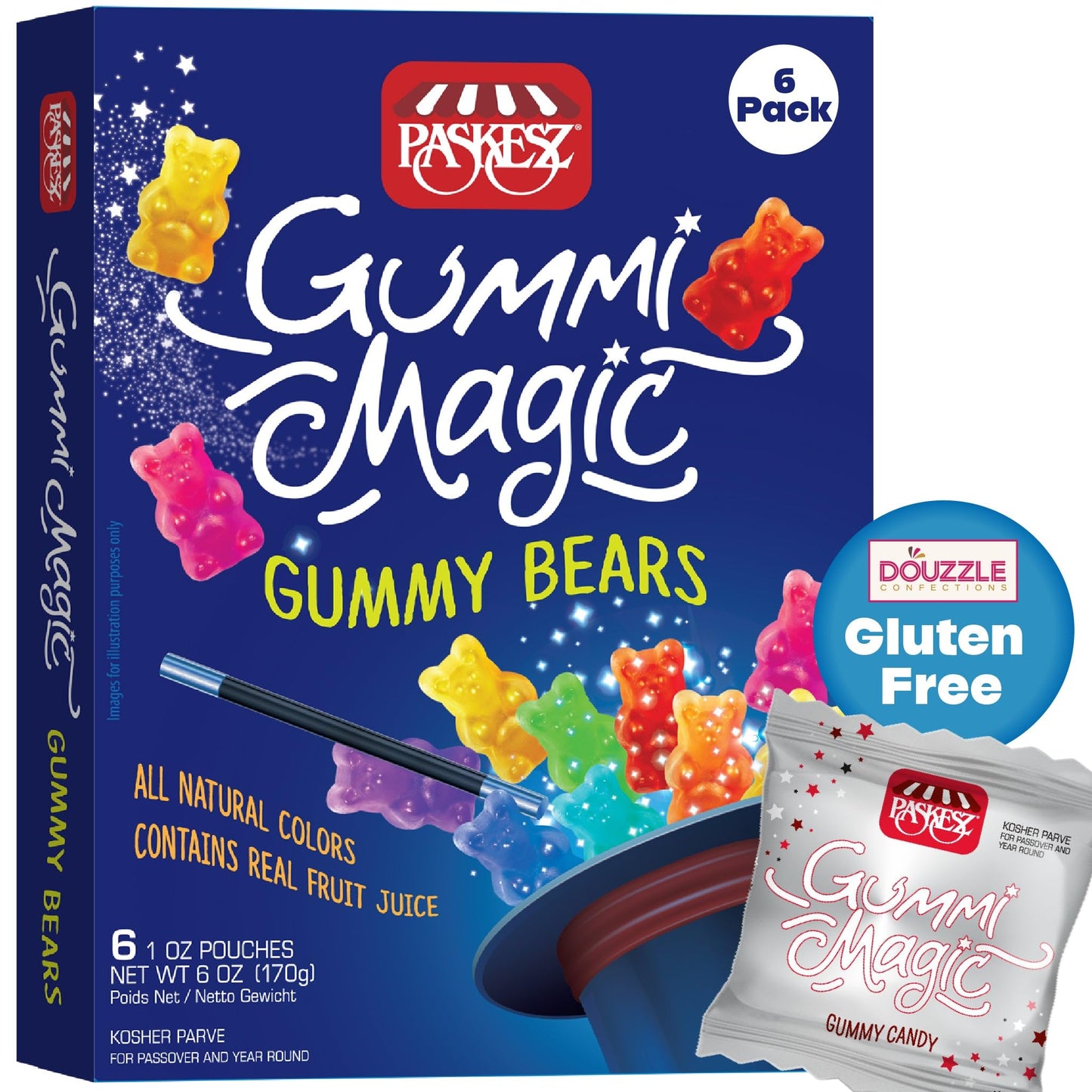 DOUzzle Gluten Free Gummi Magic, Gummy Bears (6 Count, Pack of 1) Non Gebrokts Kosher for Passover Food Snacks - All Natural Col