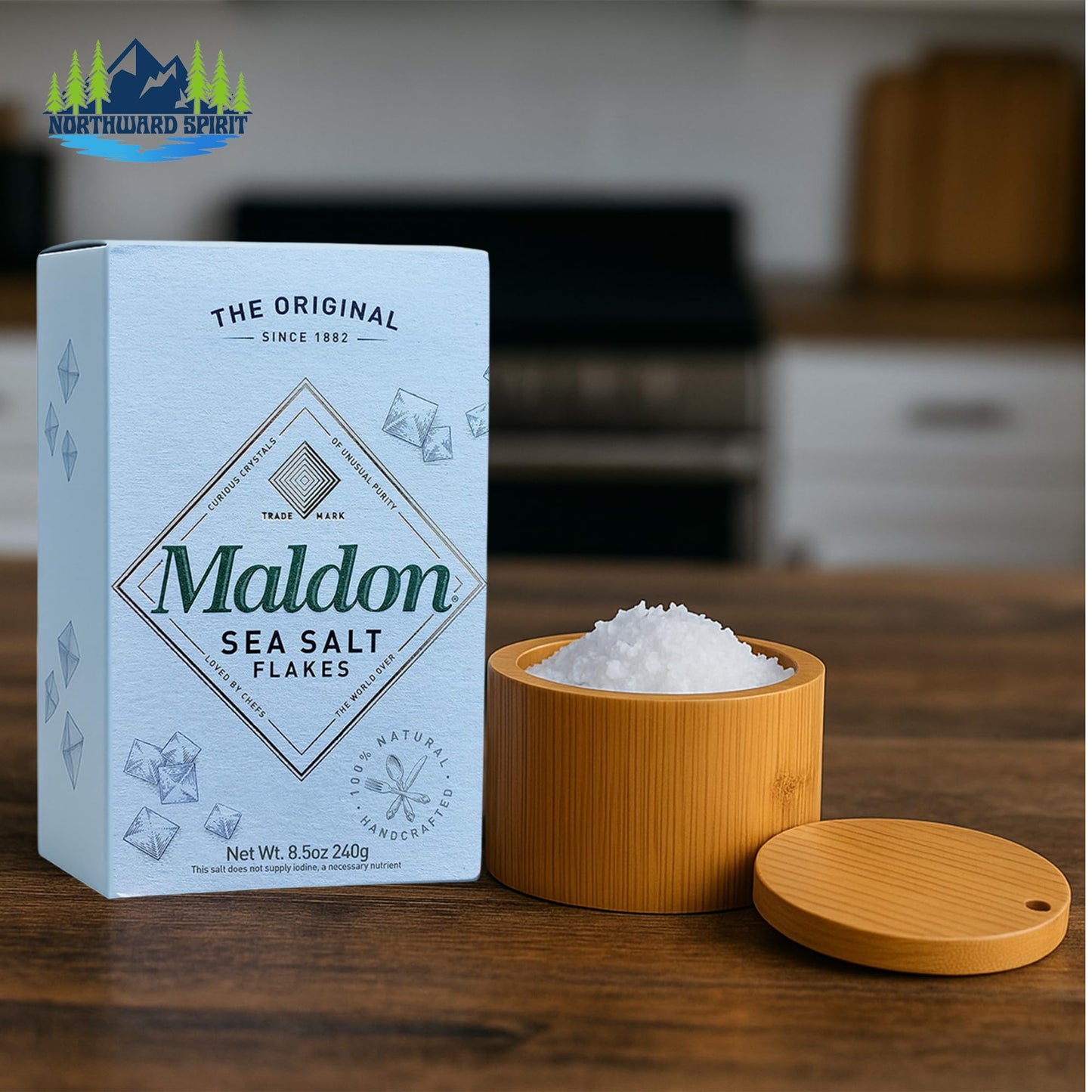 Bamboo Salt Box Cellar Canister Gift Set With Maldon Sea Salt Flakes 8.5 Oz Box - Great For Salts, Spices, Seasonings In Your Gourmet Kitchen By Northward Spirit