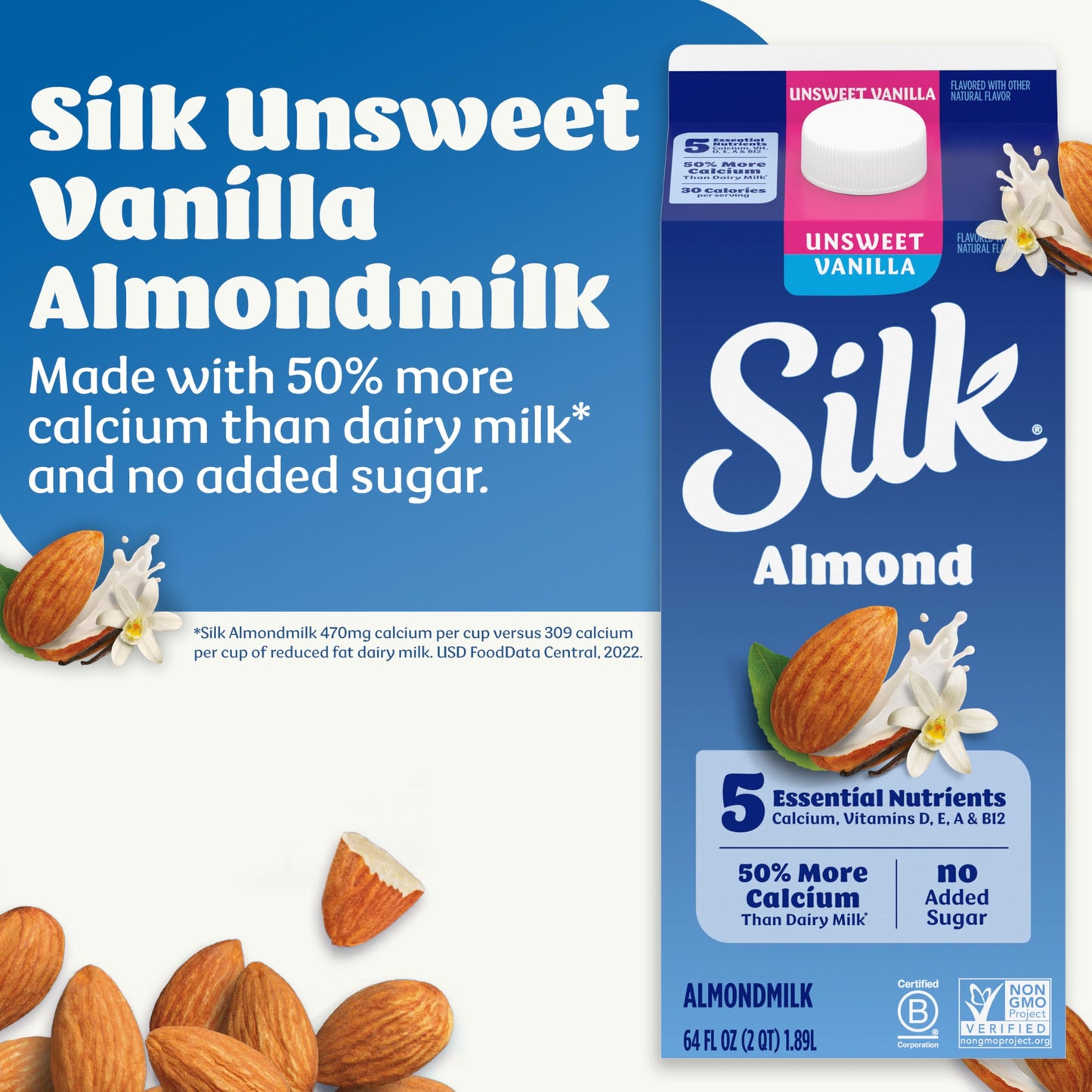 Silk Almond Milk, Unsweet Vanilla, Dairy Free, Gluten Free, Seriously Creamy Vegan Milk with 50% More Calcium than Dairy Milk, 6