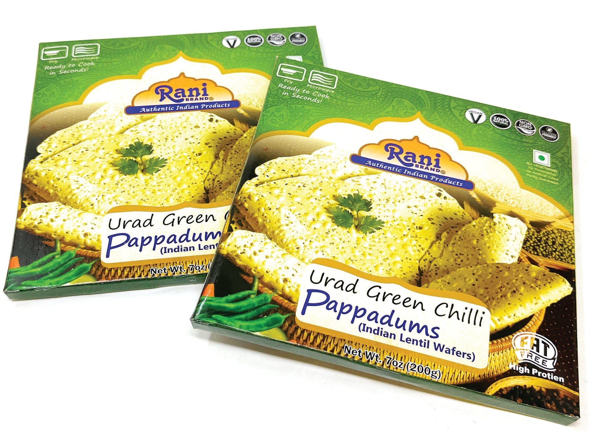 Rani Pappadums (Indian Lentil Wafer Snack) Green Chilli Papad 7oz (200g) Approximately 15pc, 7 inches, Pack of 2 ~ All Natural |