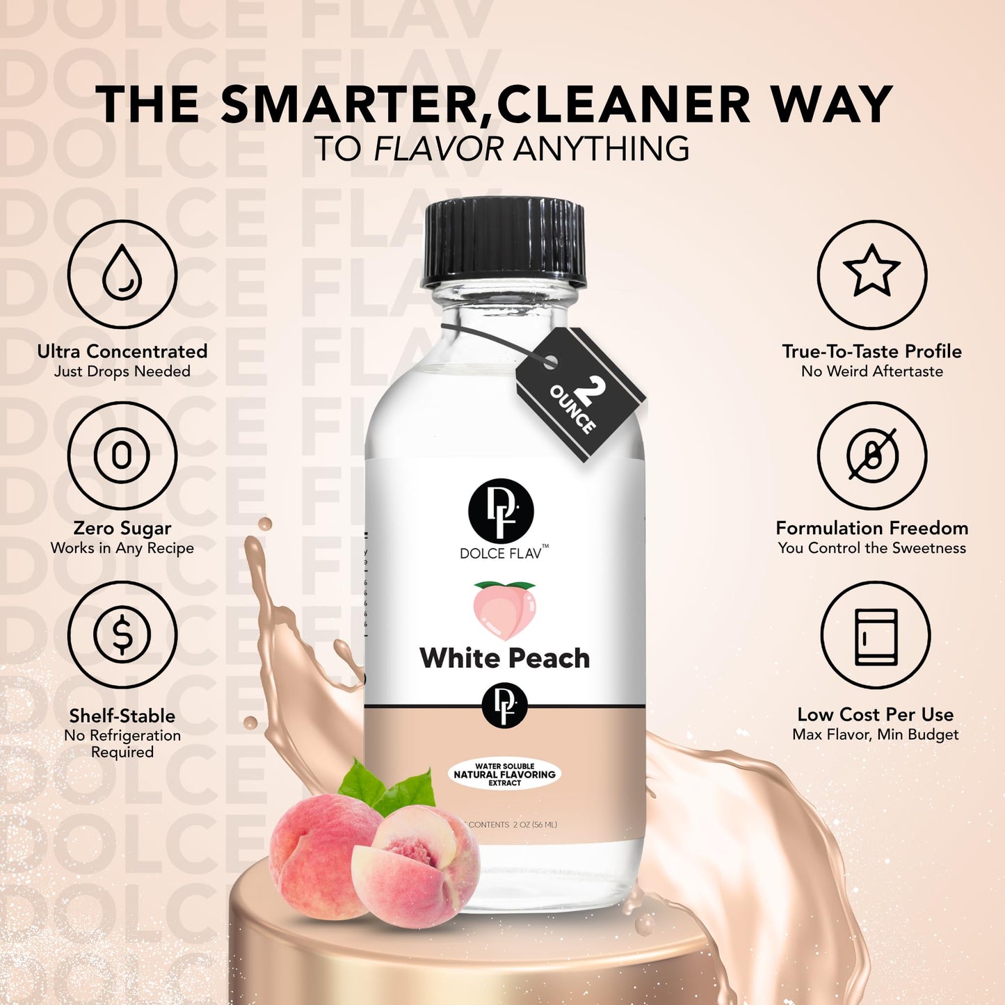 Dolce Flav Natural White Peach Extract - Concentrated Flavoring for Beverages, Desserts & Baking - 2 oz - Kosher, Sugar-Free