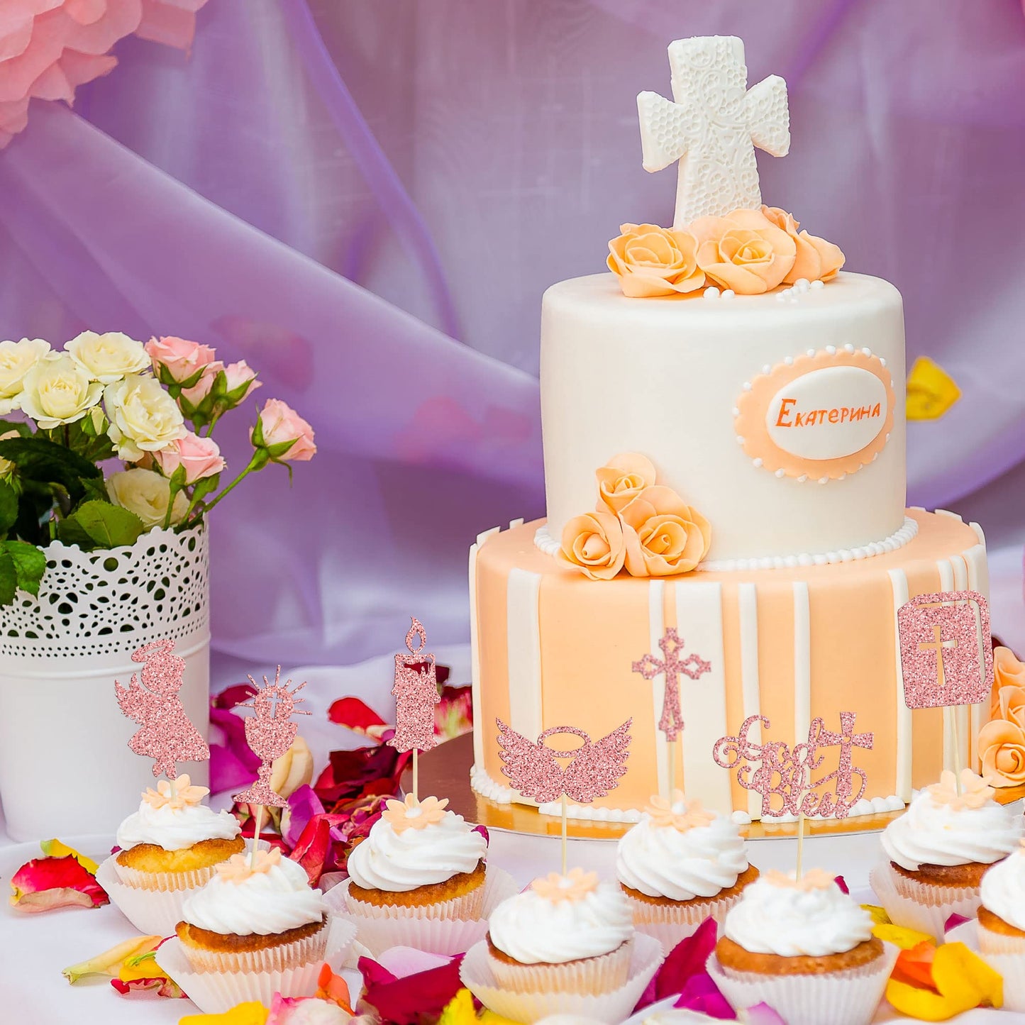 Gyufise 28Pcs God Bless Cupcake Toppers Rose Gold Glitter Girls Baptism Cupcake Toppers Angel Chalice Bible Cross Cake Decoratio