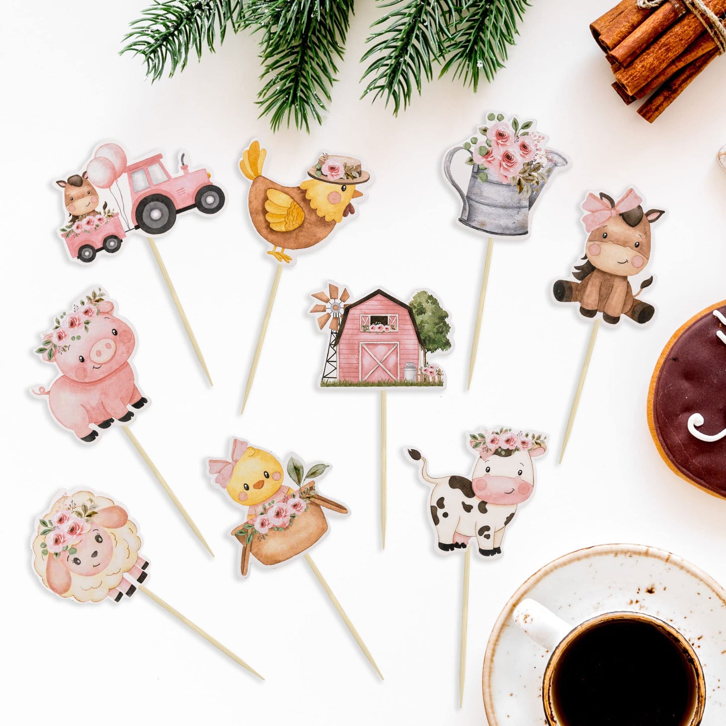 Gyufise 36Pcs Pink Floral Farm Animal Cupcake Toppers Pink Cute Girl Farm Animal Birthday Cupcake Toppers Picks For Girls Farm A