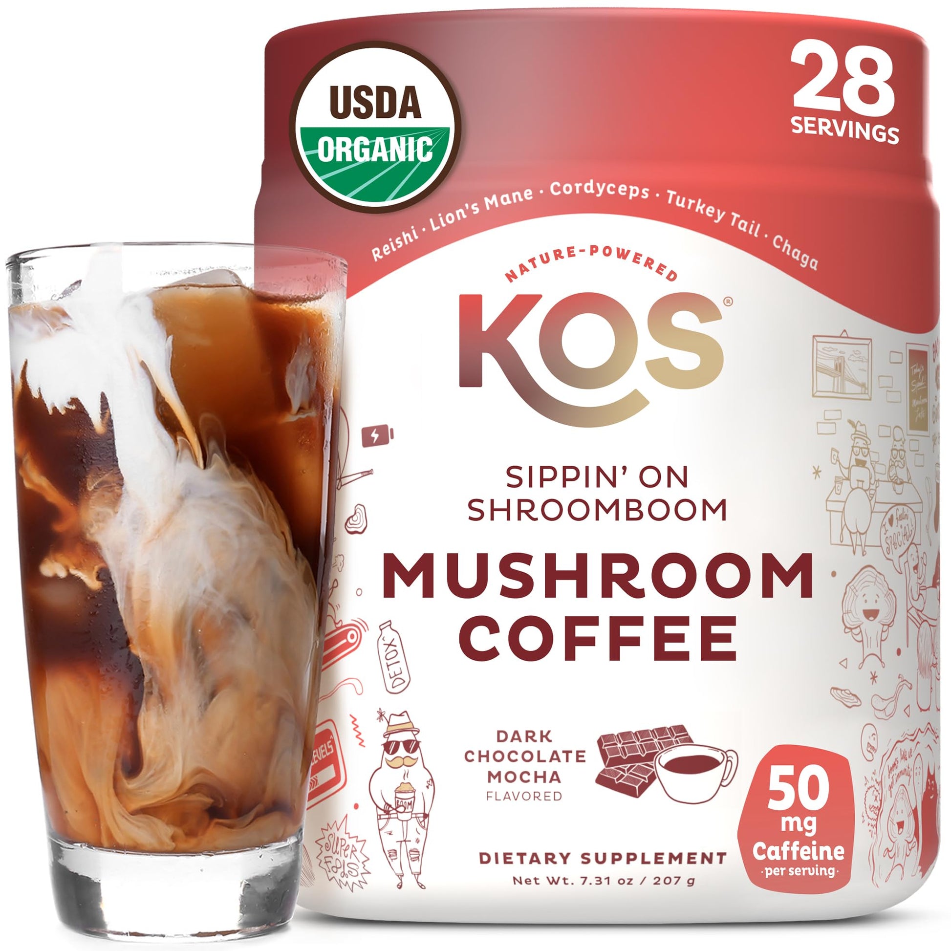 KOS Mushroom Coffee - USDA Certified Organic - Dark Chocolate Mocha Flavor - Mushroom Coffee Latte Powder with Reishi, Cordyceps