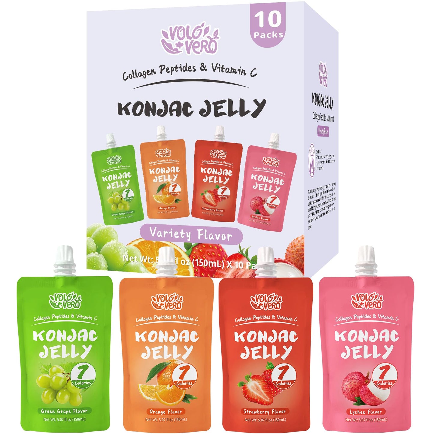 VOLO VERO Konjac Jelly Pouch Drinkable Variety Pack, 7 Calories, 10 Pack, 0 Sugar, Gluten Free, Keto, Collagen Peptides Healthy 