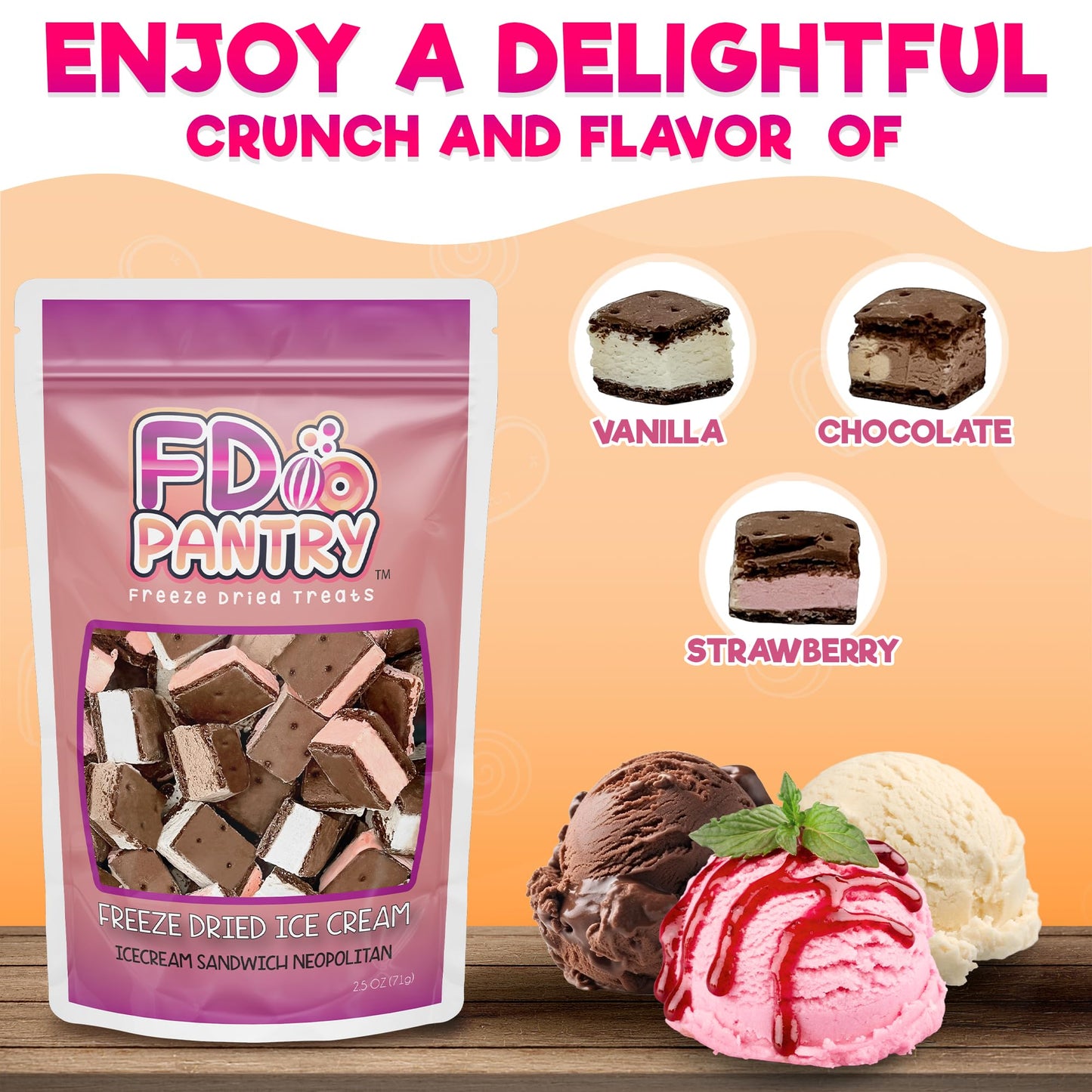Freeze Dried Ice Cream Sandwich Bites - Neapolitan - Crunchy & Sweet Snack 2.5Oz Freeze-Dried Ice-Cream Pack Dehydrated Resealab