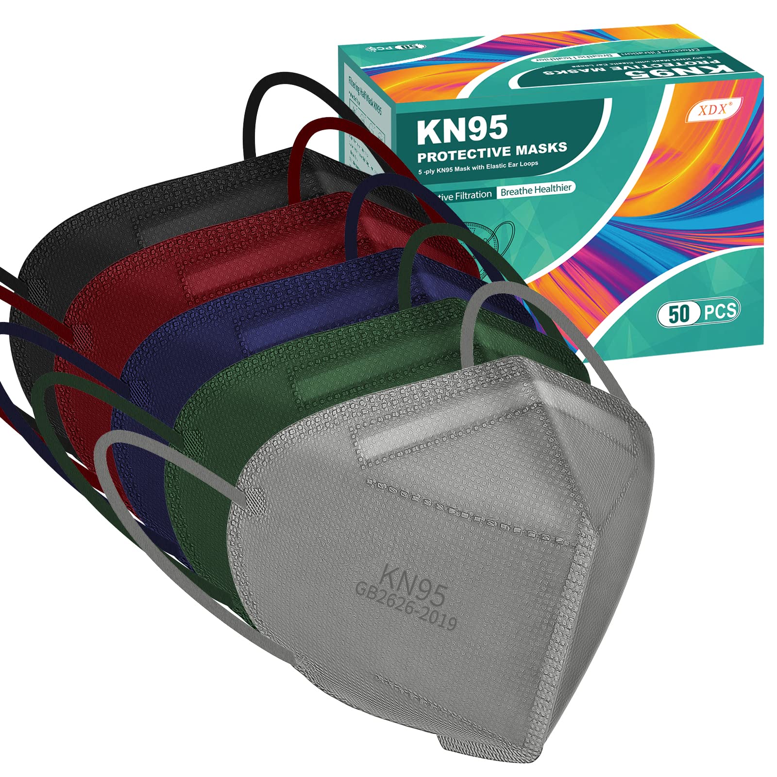 Xdx Kn95 Face Masks, 50 Pack Individually Wrapped Multicolor Face Masks For Men And Women, 5 Layers Breathable Masks Disposable,