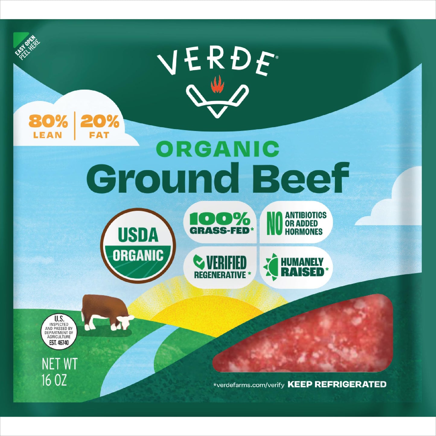 Verde Farms, Ground Beef 80% Lean/20% Fat, Organic, Grass-Fed, 1 lb