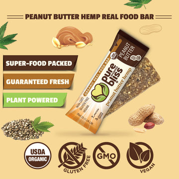 Organic Real Food Bars (Peanut Butter Hemp) Grain Free- Paleo Friendly - Non-GMO, Gluten Free, Vegan, Nutrition Bars, Super Food