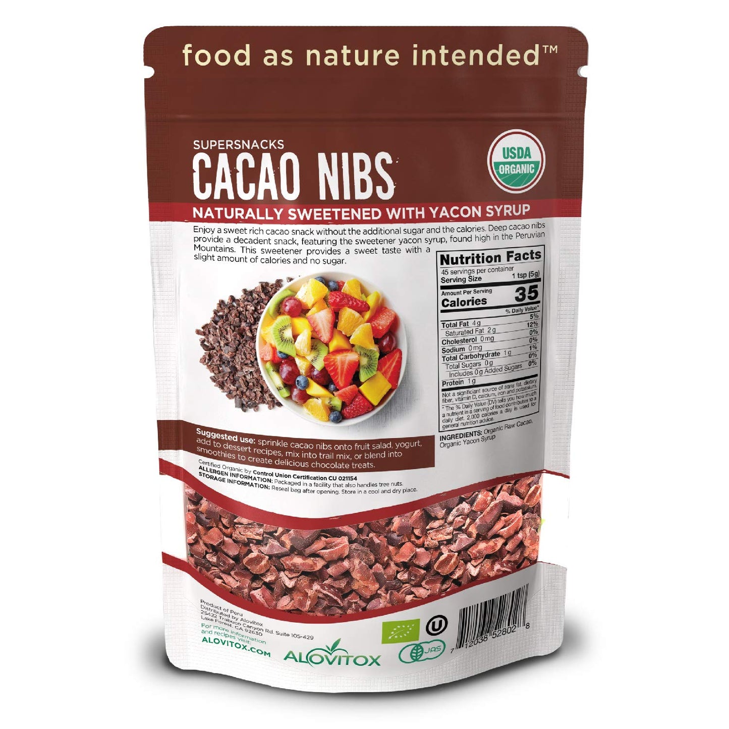 Alovitox Cacao Nibs with Organic Yacon Syrup, Raw, Non-GMO, Sugar Free, Keto, Paleo, Vegan, 8 Oz