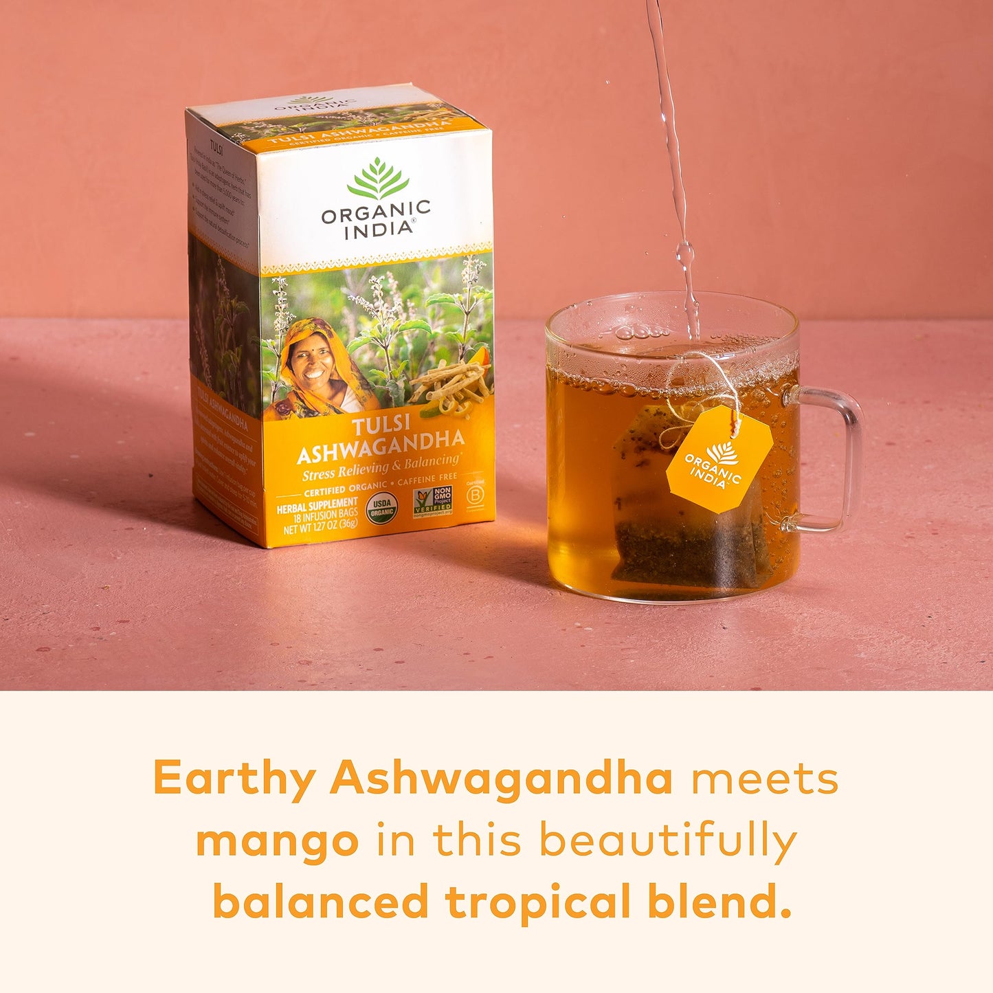 ORGANIC INDIA Tulsi Ashwagandha Herbal Tea - Stress Relieving, Vegan, Gluten-Free - 18 Infusion Bags, Pack of 6