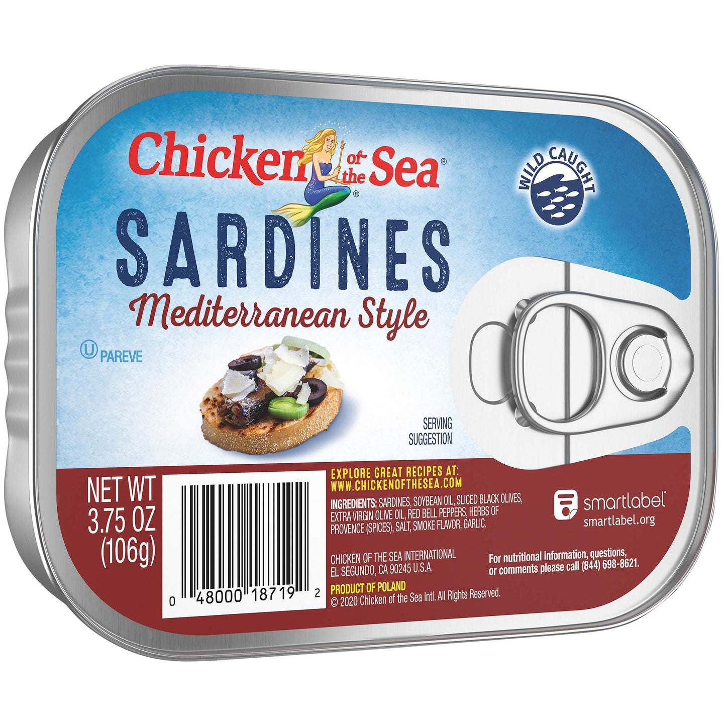 Chicken of the Sea Sardines, 3.75 oz. Cans (Pack of 18), Mediterranean Style, Wild Caught Sardines, Packaging May Vary