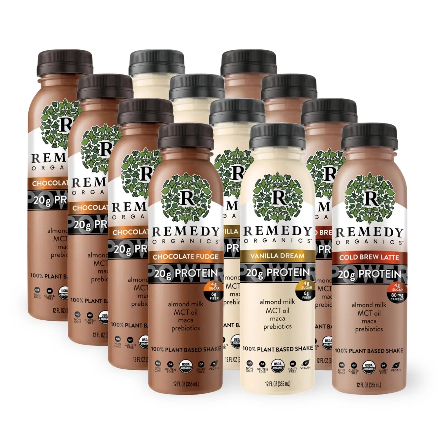 Remedy Organics Protein Power 12-Pack | Plant Based Mct Oil Protein Shakes, Ready To Drink | Usda Organic, Vegan, Gluten Free, Dairy Free, Soy Free | 4 Chocolate Fudge, 4 Cold Brew Latte, 4 Vanilla Dream