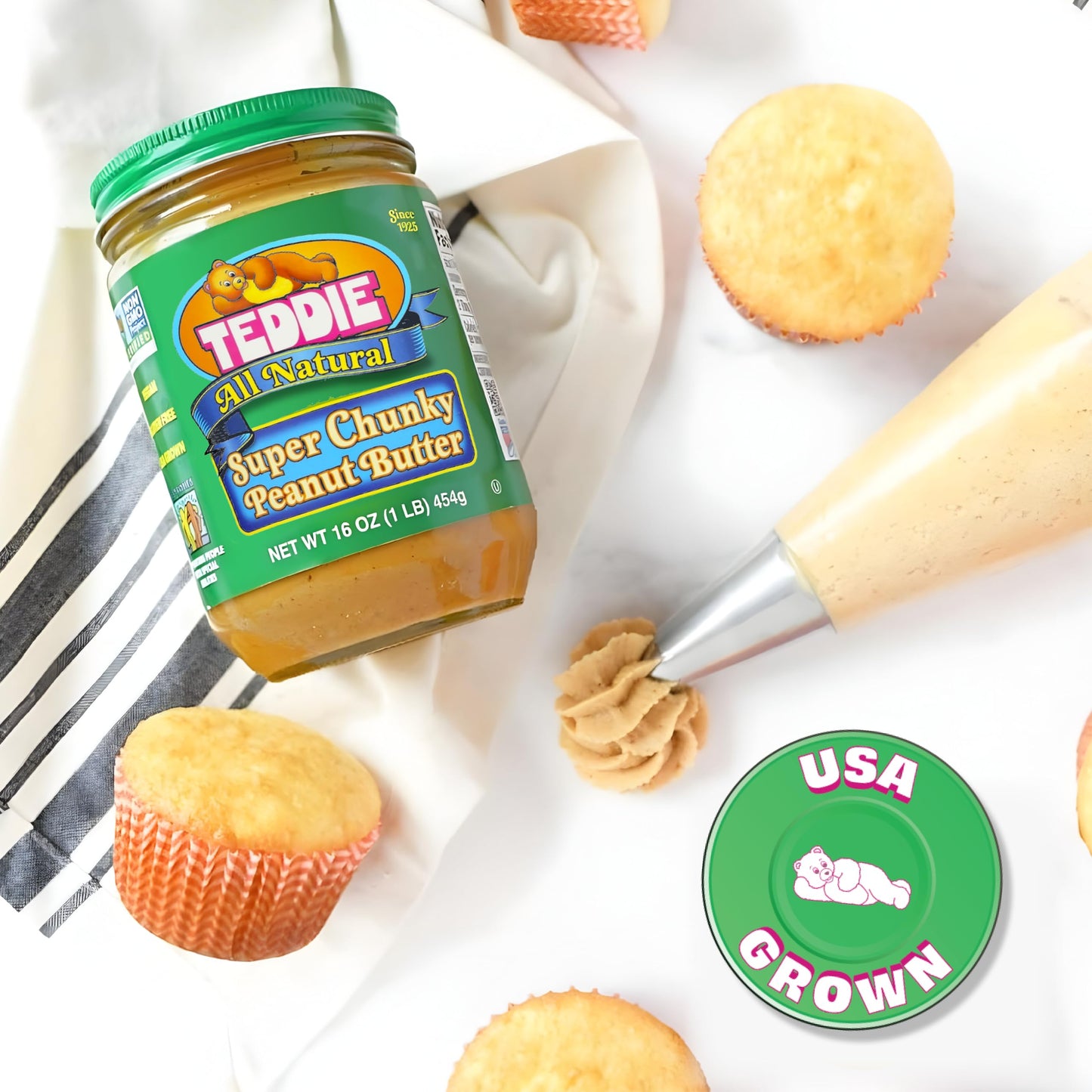 Teddie All Natural Peanut Butter, Super Chunky 2Pk, Gluten Free & Vegan, 16 Ounce Glass (Super Chunky, 16 Ounce (Pack Of 2))