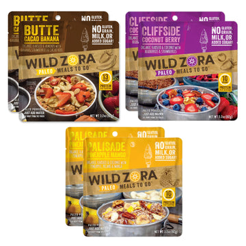 Wild Zora Paleo Freeze Dried Breakfast Meals, 6 Pack, Gluten Free Camping And Backpacking Food, No Added Sugar, Healthy On-The-Go Travel Meal, Coconut Berry, Cacao Banana, And Pineapple Mango Flavors
