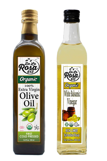 De La Rosa Organic Extra Virgin Olive Oil & White Balsamic Vinegar, 100% Pure, Raw & Unfiltered, Vegan, Kosher, Non-GMO & Gluten