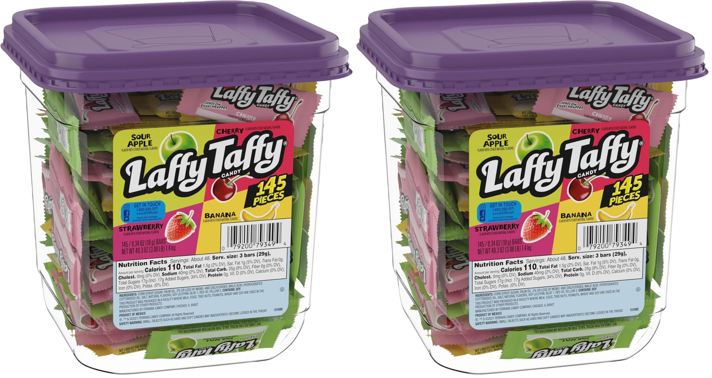 Laffy Taffy Candy, Assorted Fruit Flavored Taffy Candy, Sour Apple, Cherry, Strawberry & Banana Flavors (145 Pieces) (Pack of 2)