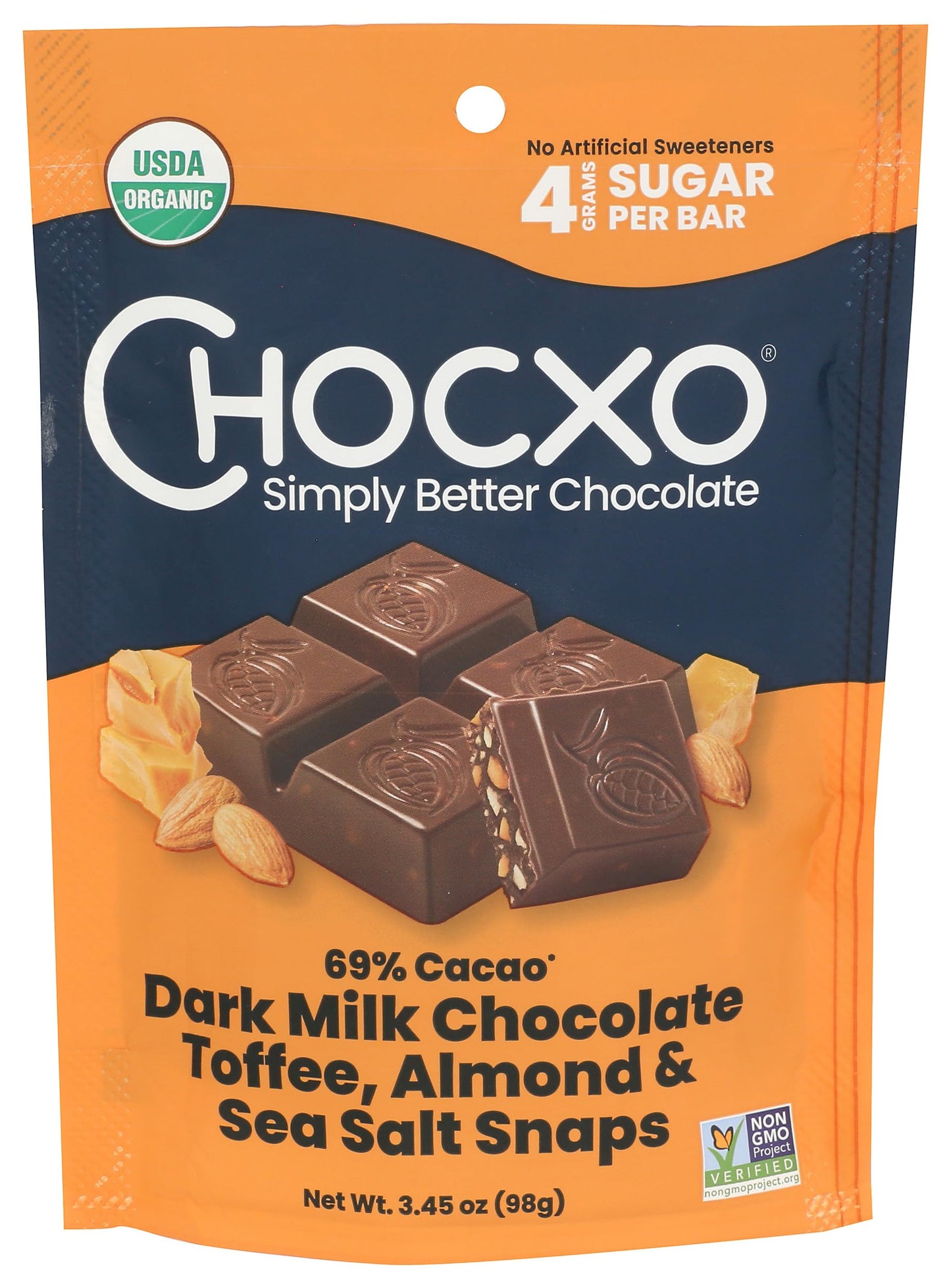CHOCXO Organic Toffee Almond 69% Dark Milk Chocolate Snaps, 3.45 OZ