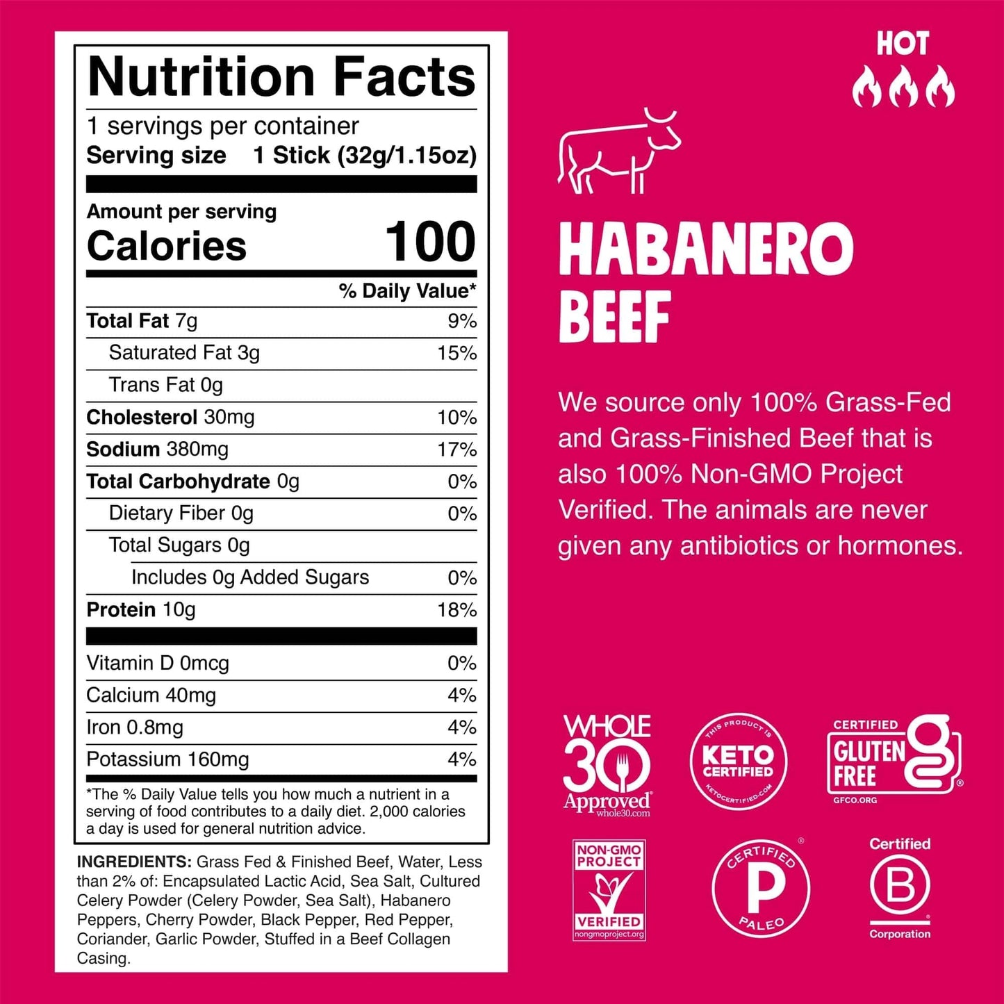 Chomps Spicy Habanero Beef Jerky Snack Sticks - 24-Pack, Gluten-Free, Zero Sugar, Keto, Paleo, Whole30, 10g Protein