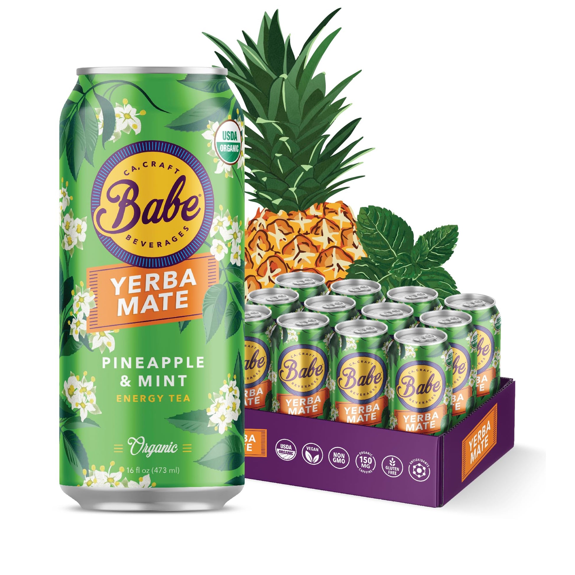 Babe Beverages Organic Yerba Mate Energy Drinks - 150mg Caffeine, Pineapple Mint Flavor, 12 x 16oz Cans