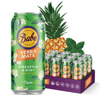 Babe Beverages Organic Yerba Mate Energy Drinks - 150mg Caffeine, Pineapple Mint Flavor, 12 x 16oz Cans