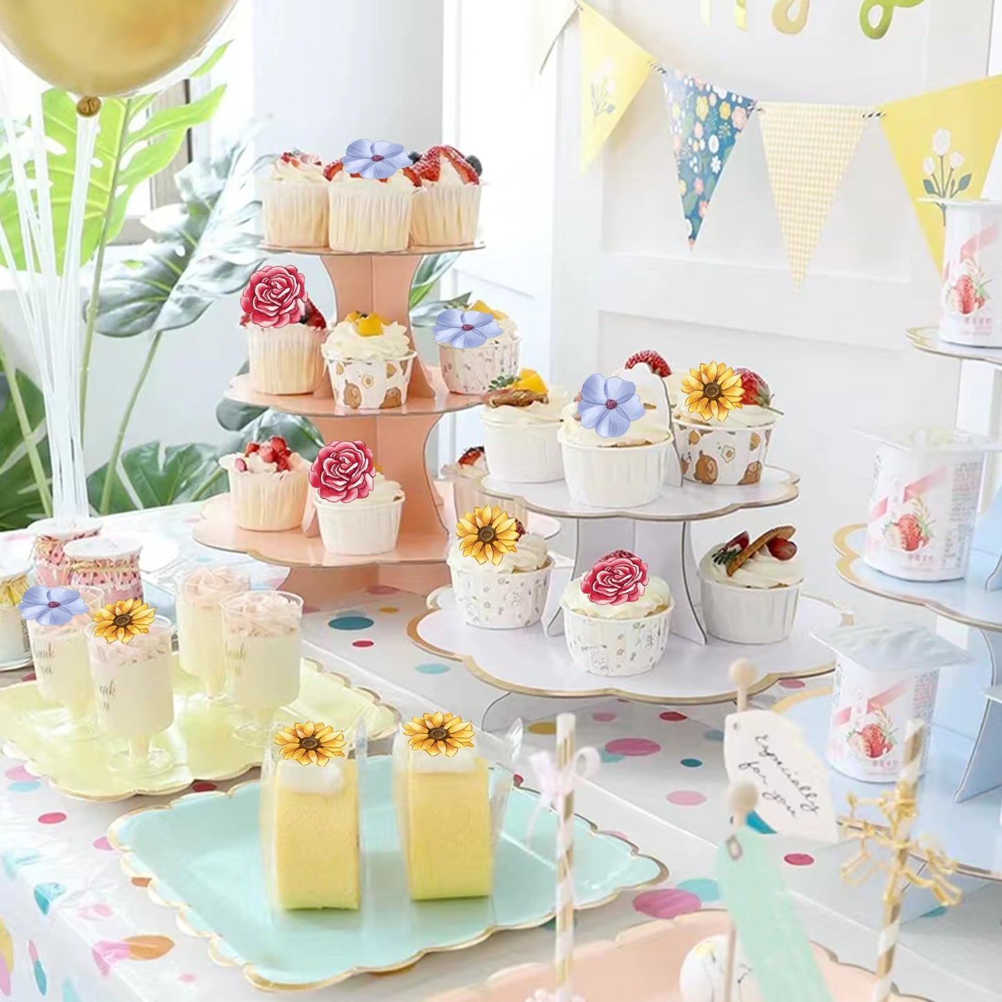 Foowztao 40Pcs Edible Flowers Cake Topper Cupcake Toppers Wedding Themed Party Baby Shower Birthday Party Cupcake Picks Annivers