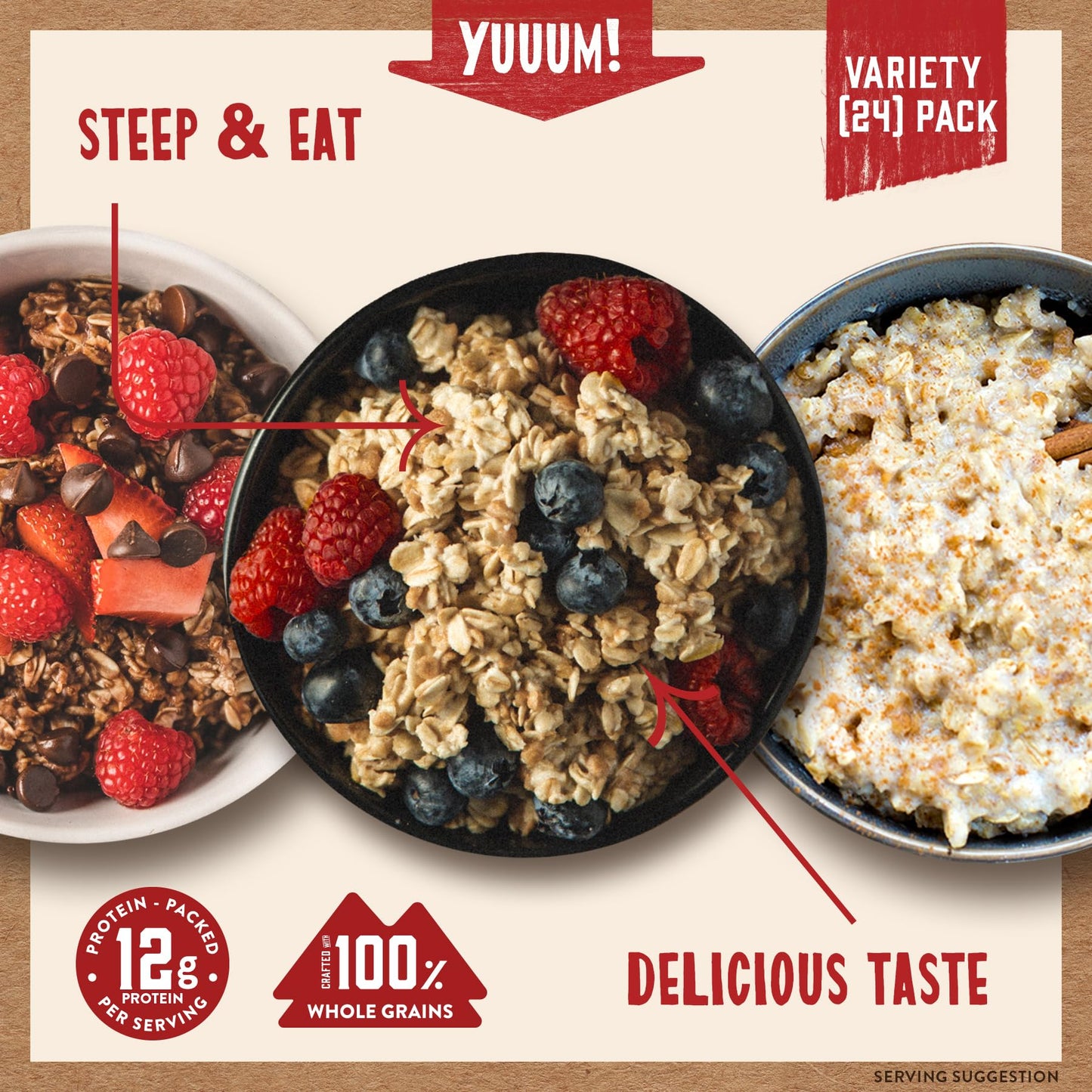 Kodiak Cakes Instant Oatmeal Packets Variety Pack - High Protein - 100% Whole Grains Breakfast Food - Maple & Brown Sugar  Apple Cinnamon  & Chocolate Chip (24 Packets)