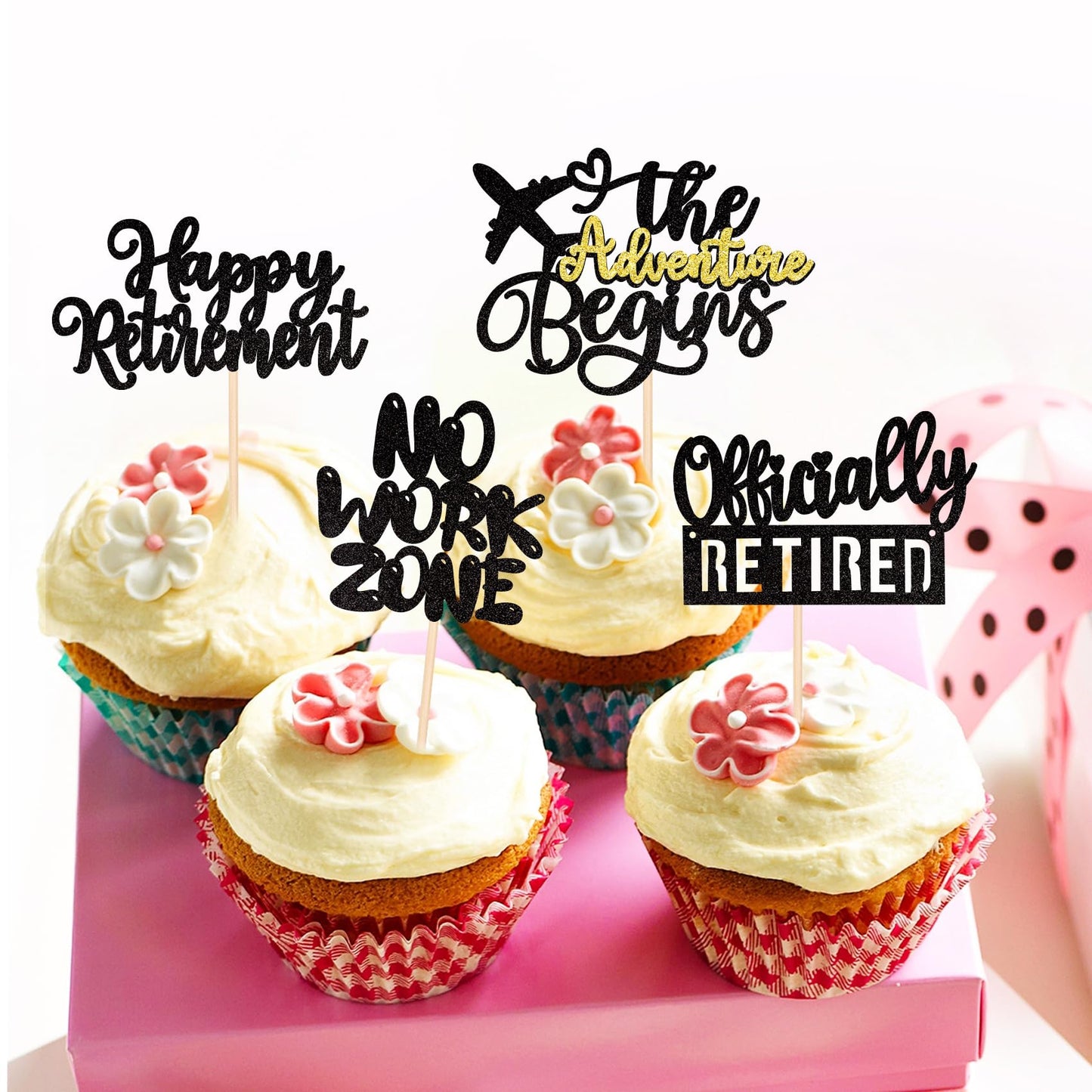 Rssta i Cupcake Toppers, Happy Retirement, Glitter, Paper, 2.4-4.5 inches, Design 3 Black, Party Decorations, 24 Pack