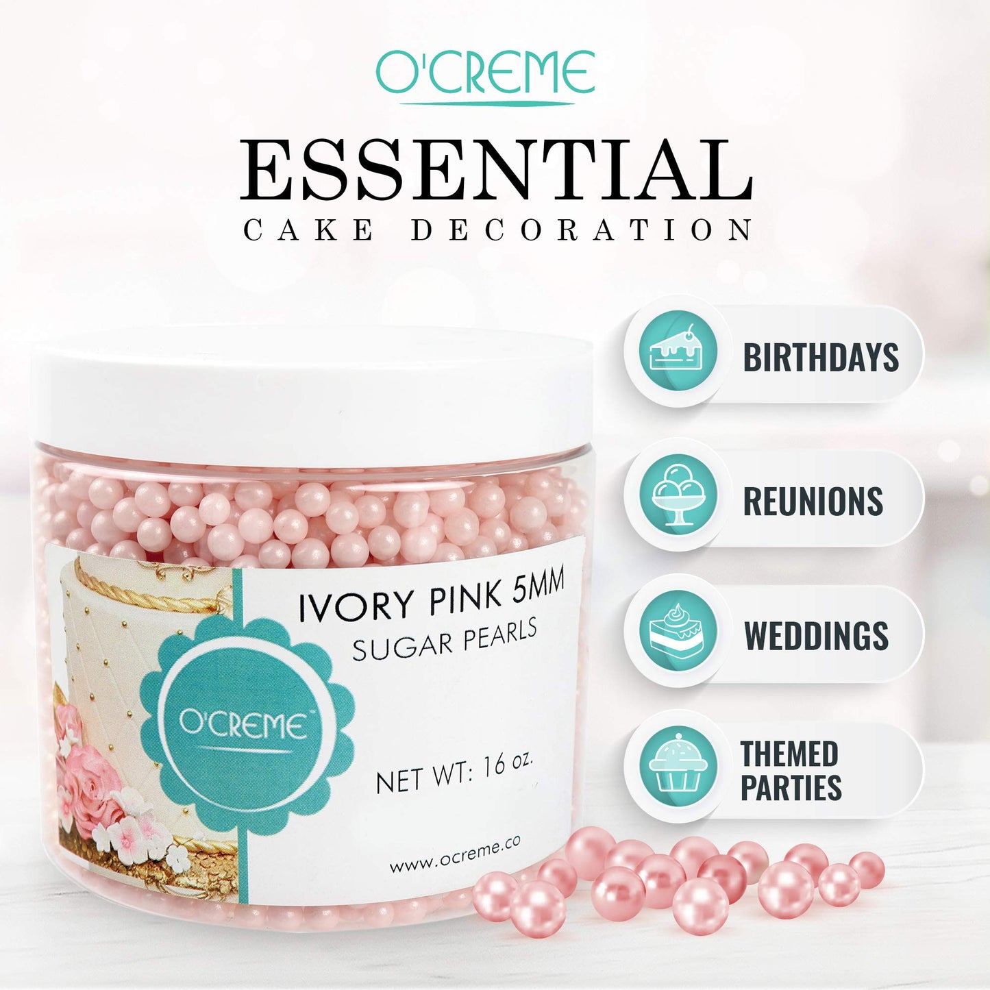 OCREME Edible Sugar Pearls Cake Decorating Supplies, 2mm, 8 Oz, Pink, Cookie & Cupcake Toppings, Certified Baking Beads