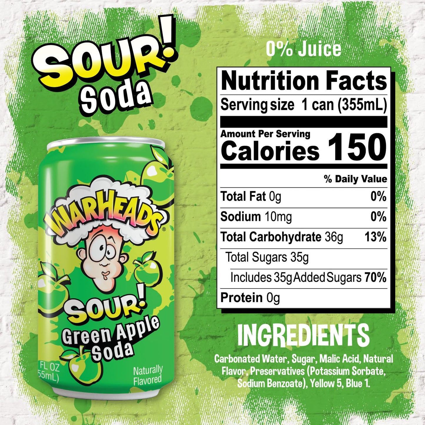 Warheads Soda - Sour Fruity Soda with Classic Flavors - Pack of 12, 12oz Cans - Green Apple Flavor