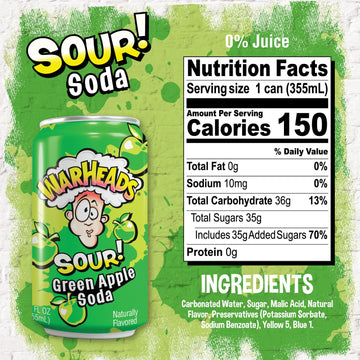 Warheads Soda - Sour Fruity Soda with Classic Flavors - Pack of 12, 12oz Cans - Green Apple Flavor